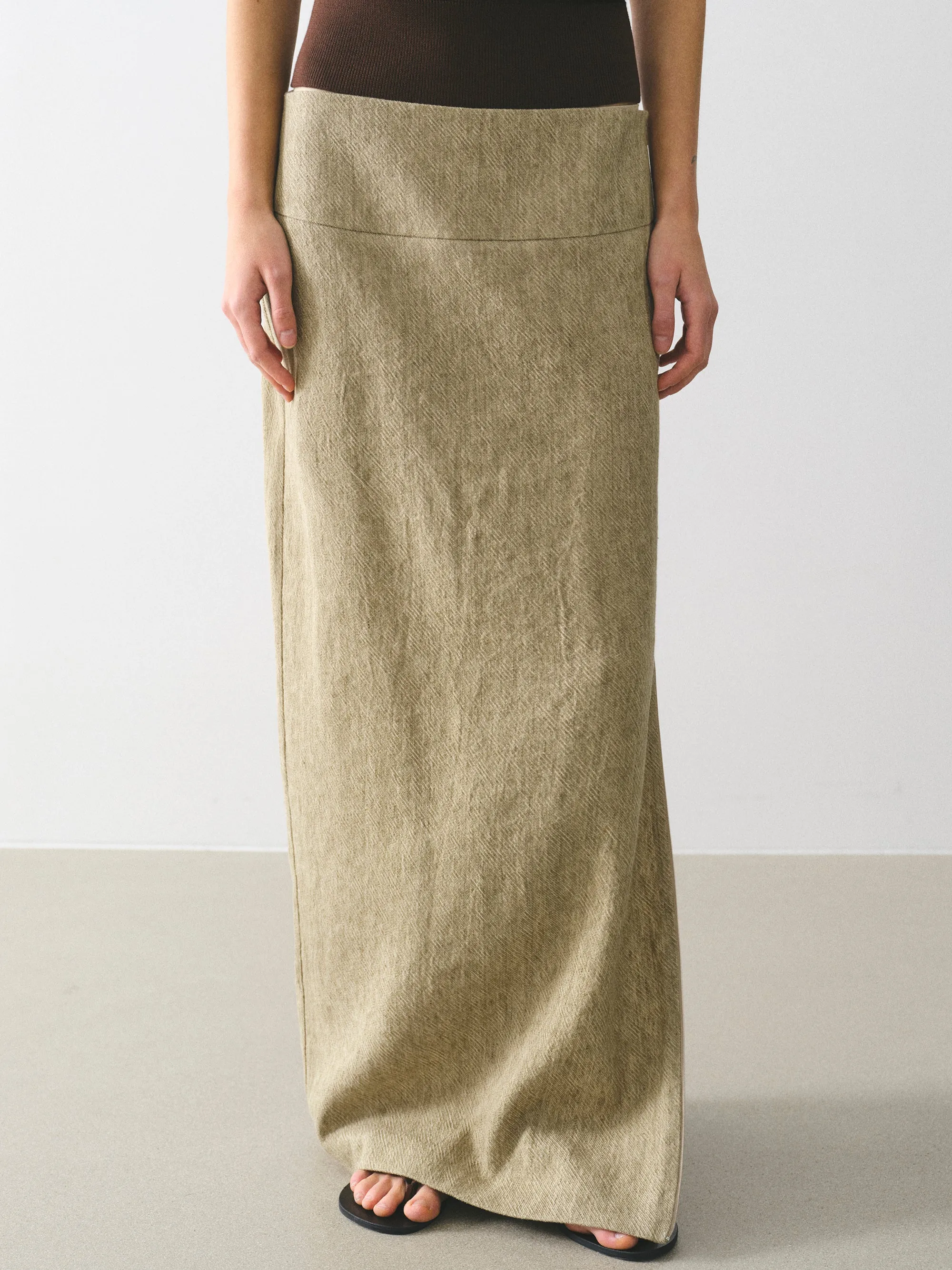 Reve Side-Slit Linen-Blend Skirt, Beige sold by Source Unknown product image thumbnail 5