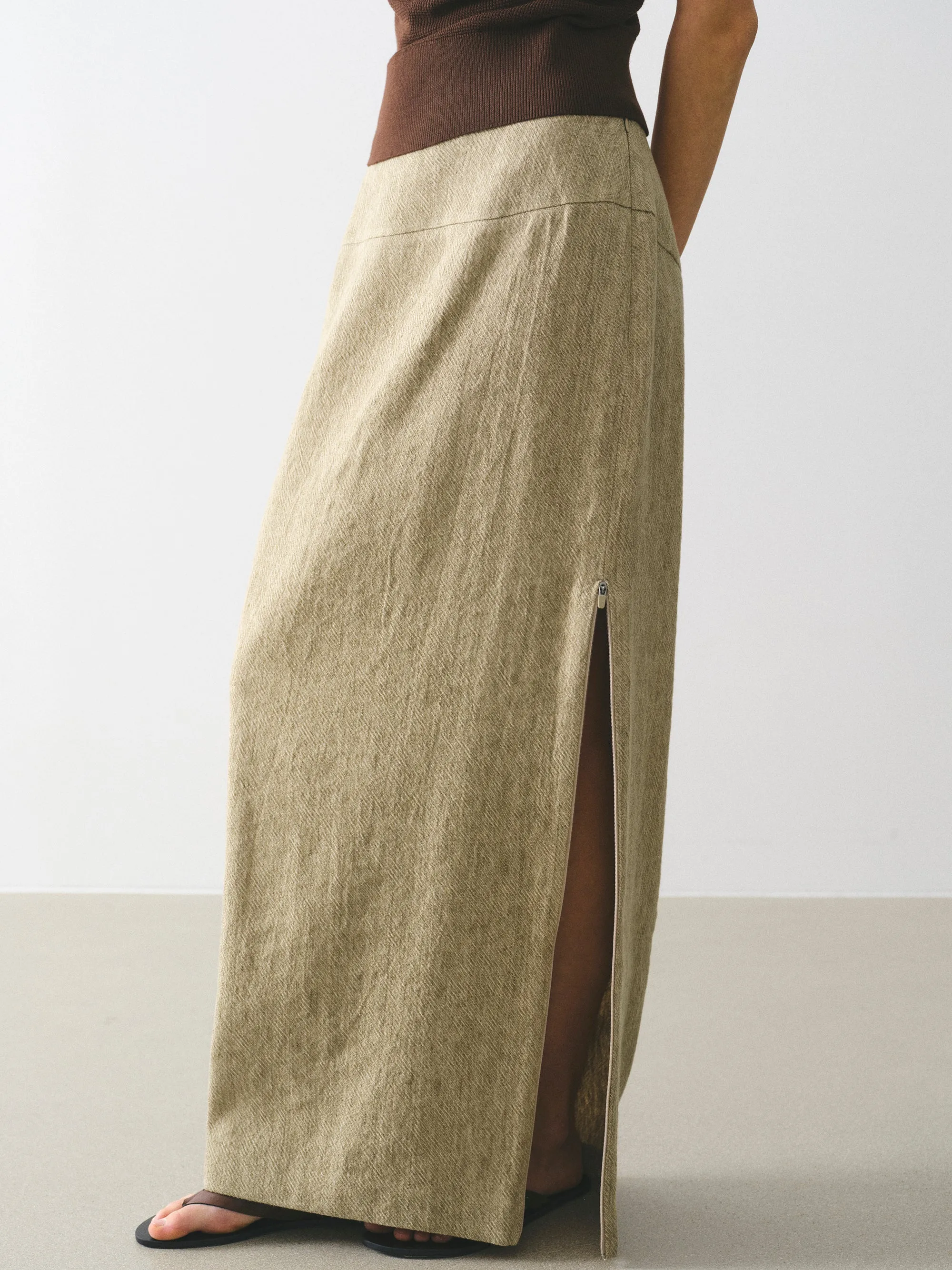 Reve Side-Slit Linen-Blend Skirt, Beige sold by Source Unknown product image thumbnail 4