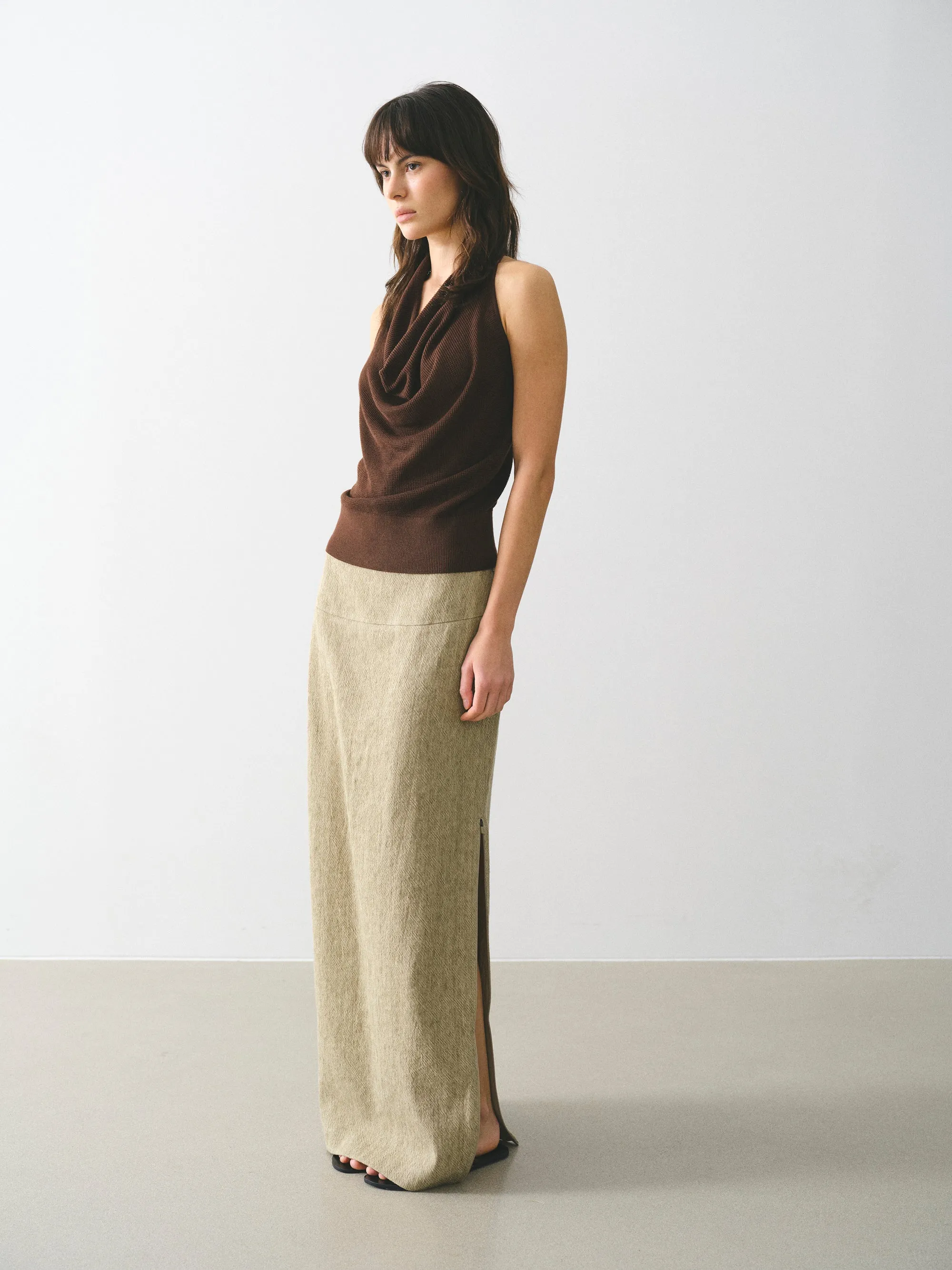 Reve Side-Slit Linen-Blend Skirt, Beige sold by Source Unknown product image thumbnail 3