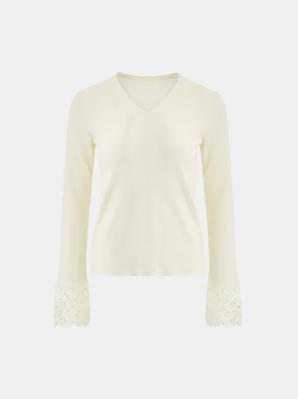 Nilo Crochet Cuff V-Neck Knit Top, Ivory made by Source Unknown