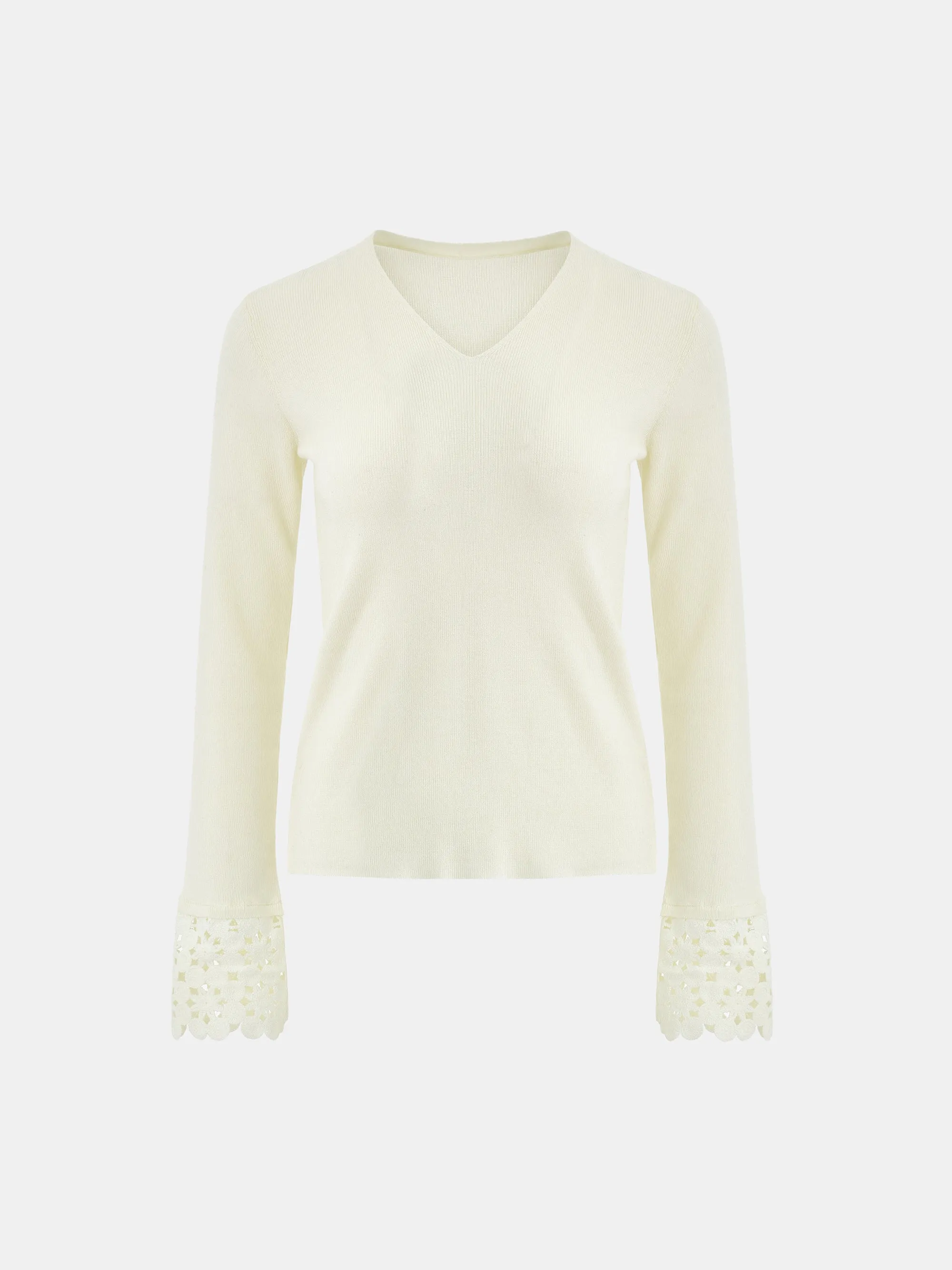 Nilo Crochet Cuff V-Neck Knit Top, Ivory sold by Source Unknown