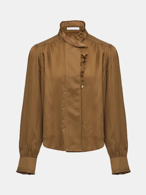 Della Frilled Neck Blouse, Brown made by Source Unknown