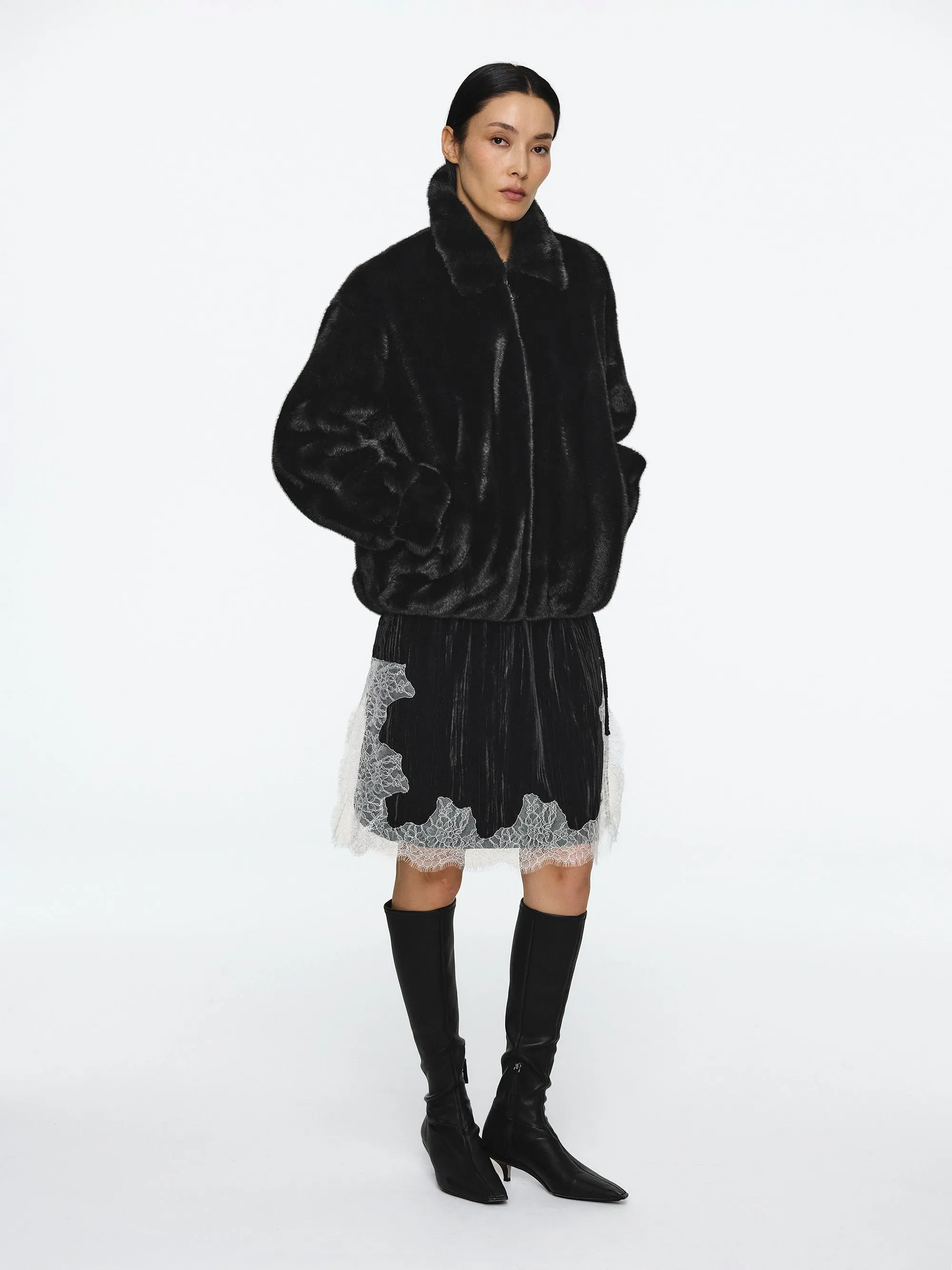 Tate Faux-Fur Zip Bomber Jacket, Black sold by Source Unknown product image thumbnail 5
