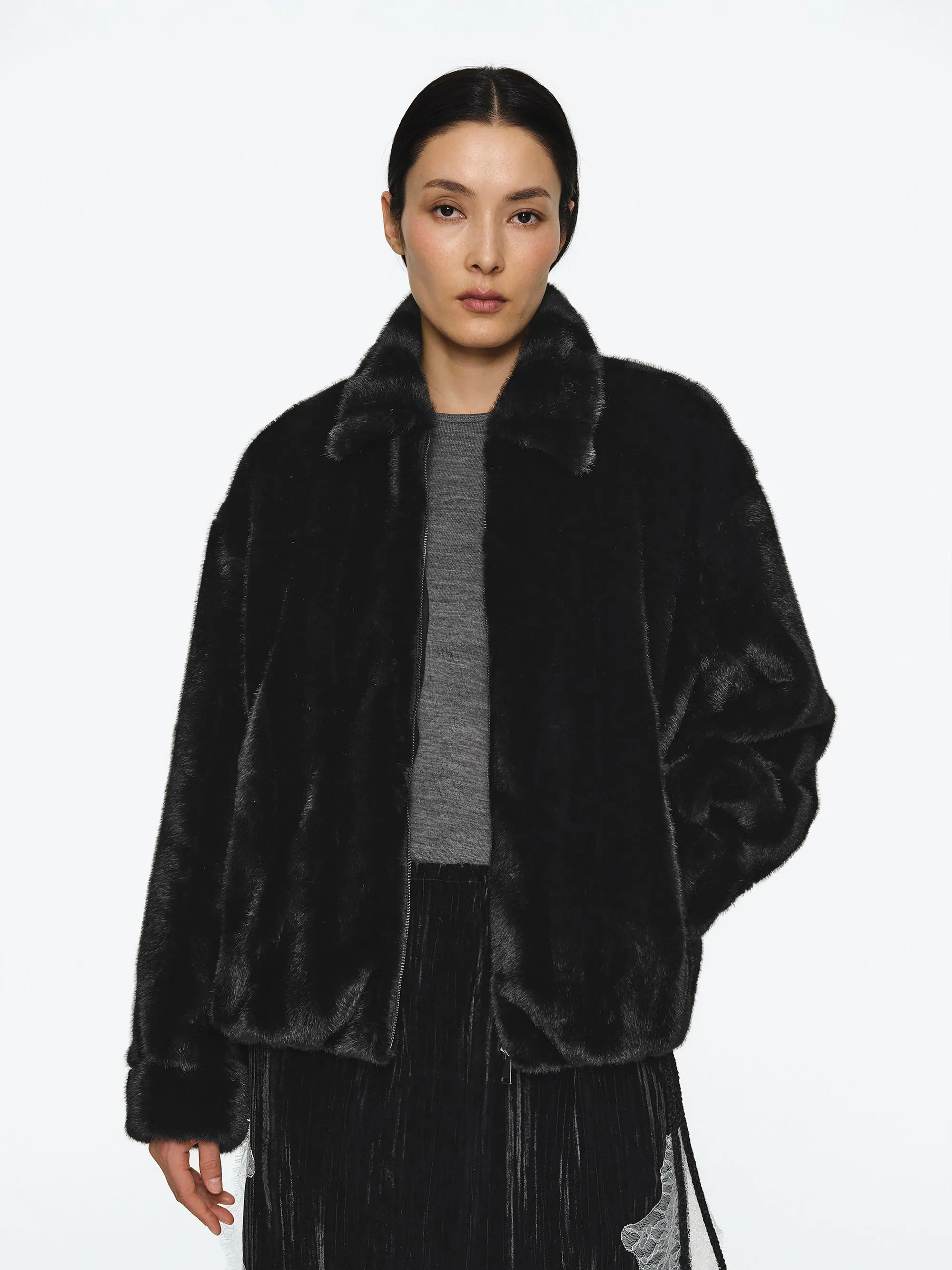 Tate Faux-Fur Zip Bomber Jacket, Black sold by Source Unknown product image thumbnail 3