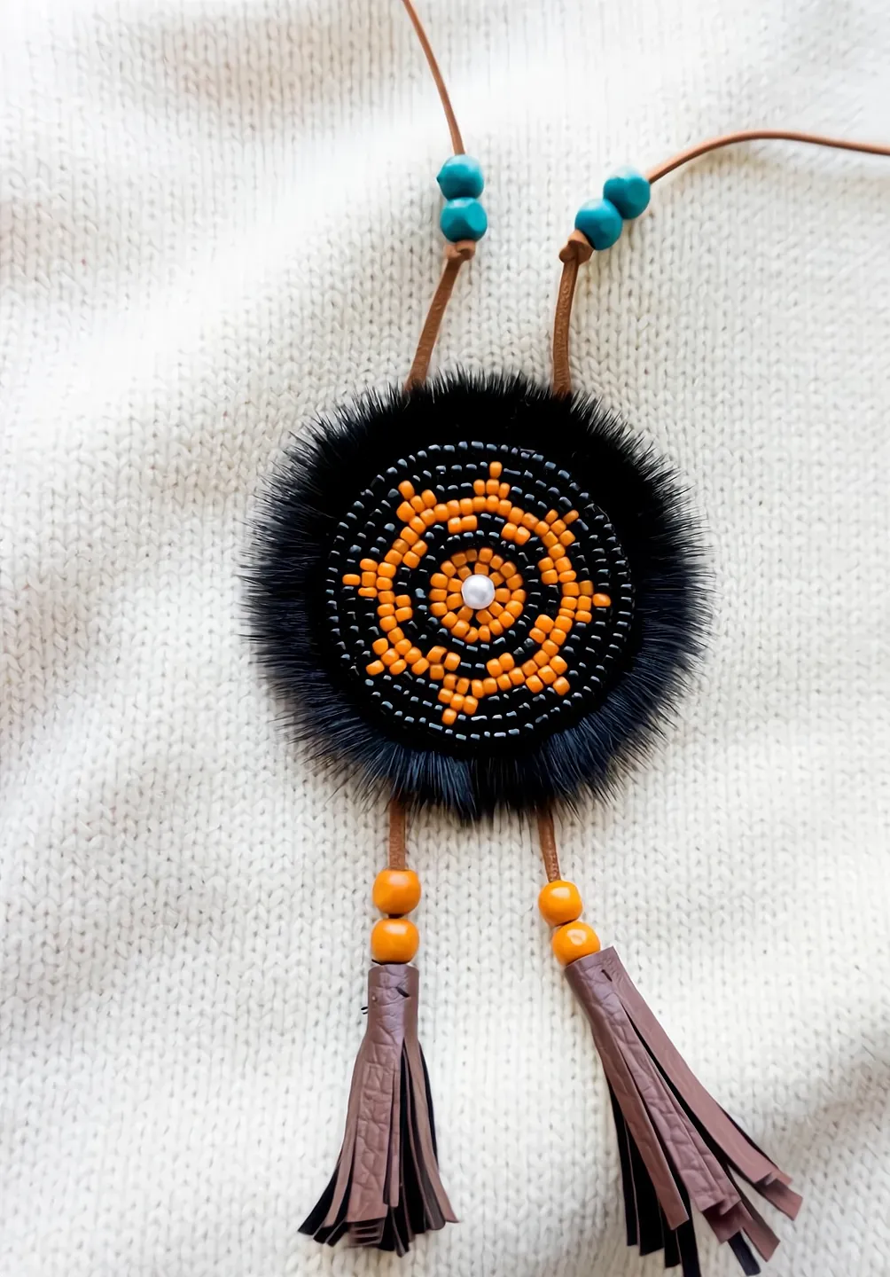 Twoside Ewenki Sunflower Necklace – Handcrafted Mink Fur Pendant sold by MOGSki