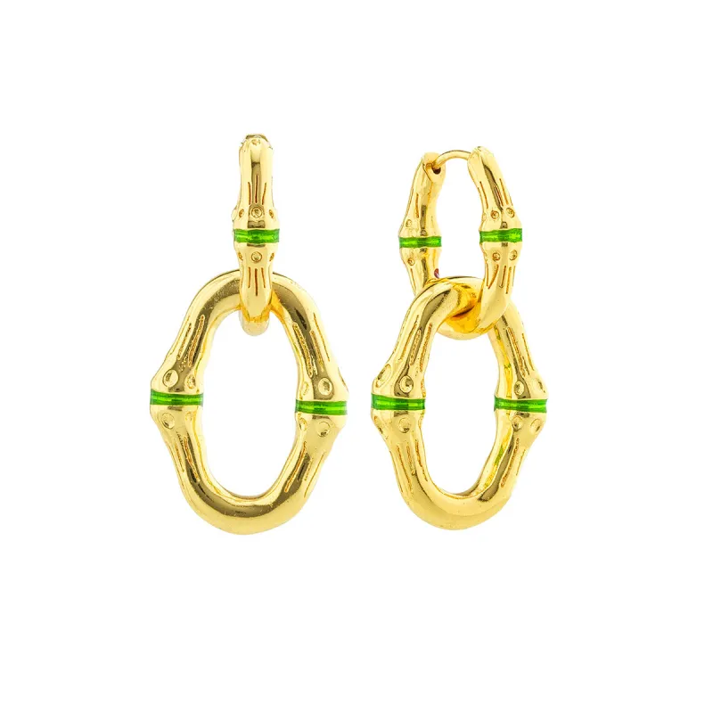 Bangkok Bamboo Link Earrings - Gold/Green Enamel sold by Capucine De Wulf
