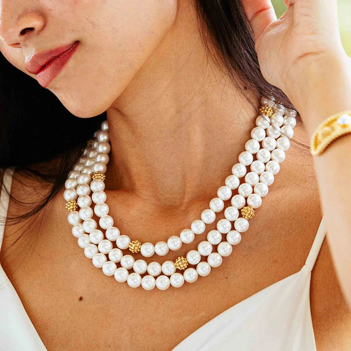 Bead Triple Strand Necklace, 18"+2'' - Pearl sold by Capucine De Wulf product image thumbnail 3