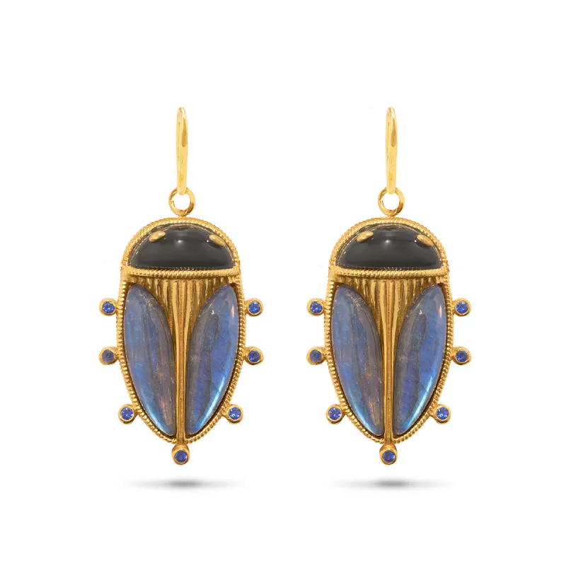 Scarab Petite Drop Earrings - Blue Labradorite/Black Agate sold by Capucine De Wulf