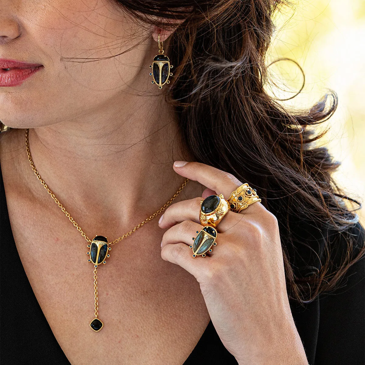 Scarab Petite Drop Earrings - Blue Labradorite/Black Agate sold by Capucine De Wulf product image thumbnail 2