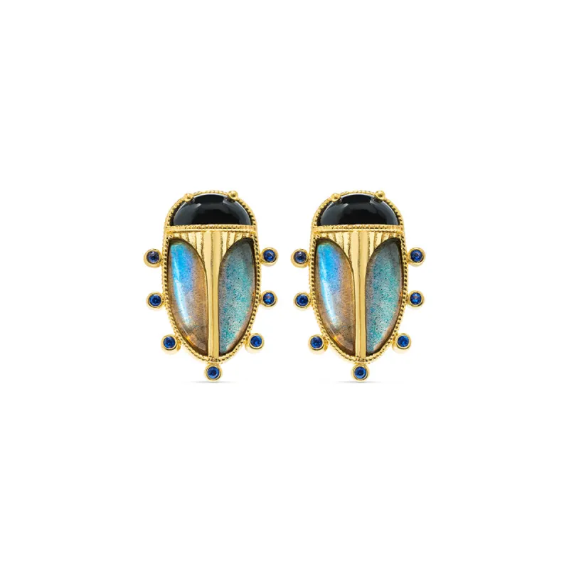Scarab Clip Earrings - Blue Labradorite/Black Agate made by Capucine De Wulf
