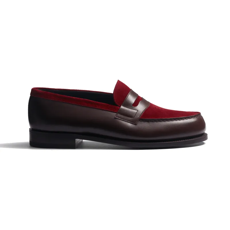 Mocassin 180 [homme cuir veau box mélèze & cuir veau velours bordeaux] made by JM Weston