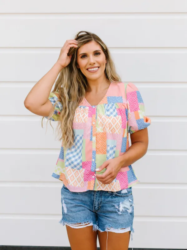 FINAL SALE - Leo Top | Patchwork Coral sold by Michelle McDowell