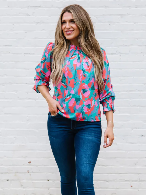 FINAL SALE - Quinn Top | Falling Poppies Teal sold by Michelle McDowell