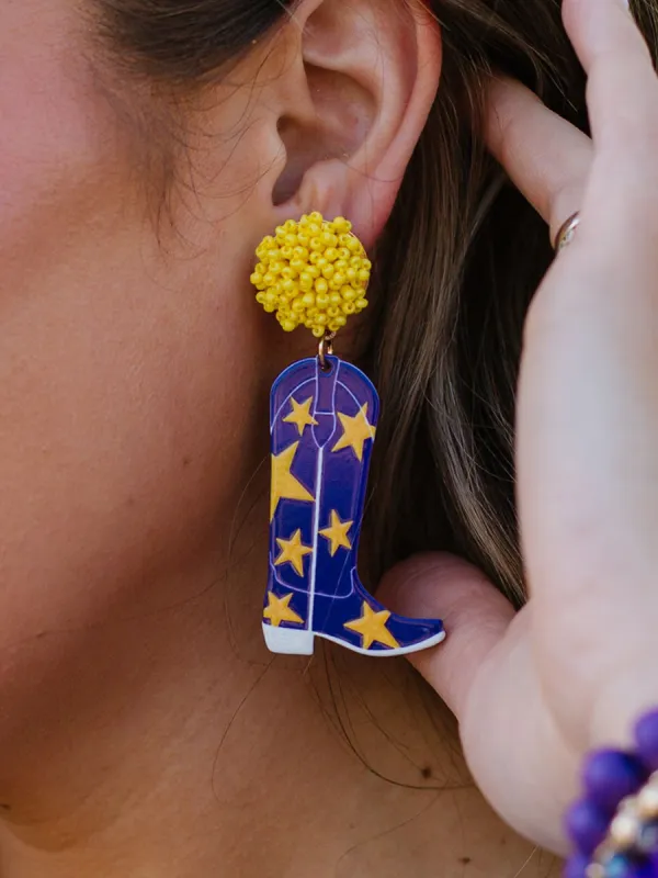 Gameday Cowgirl Earrings | Purple + Gold sold by Michelle McDowell