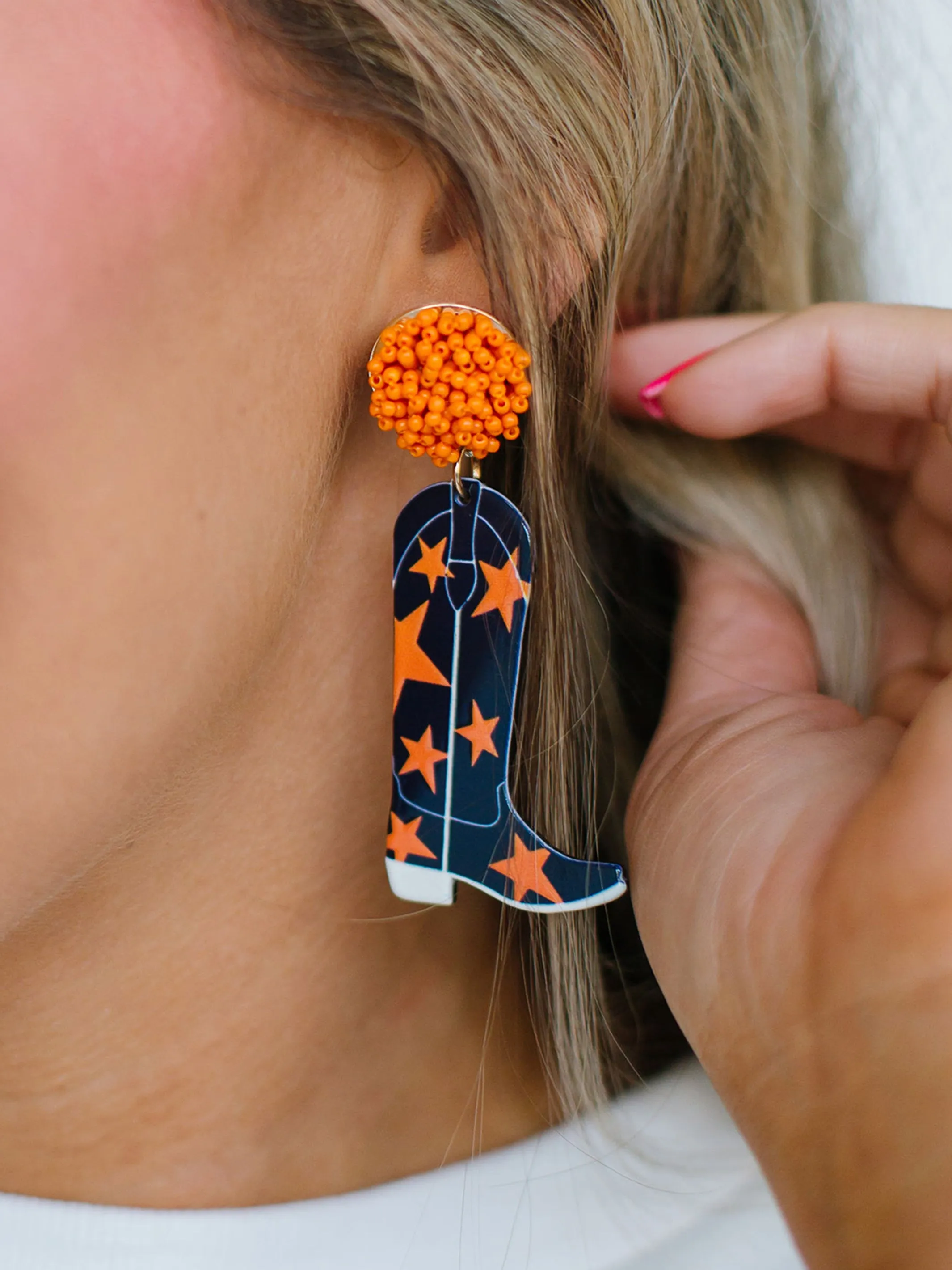Gameday Cowgirl Earrings | Navy + Orange sold by Michelle McDowell