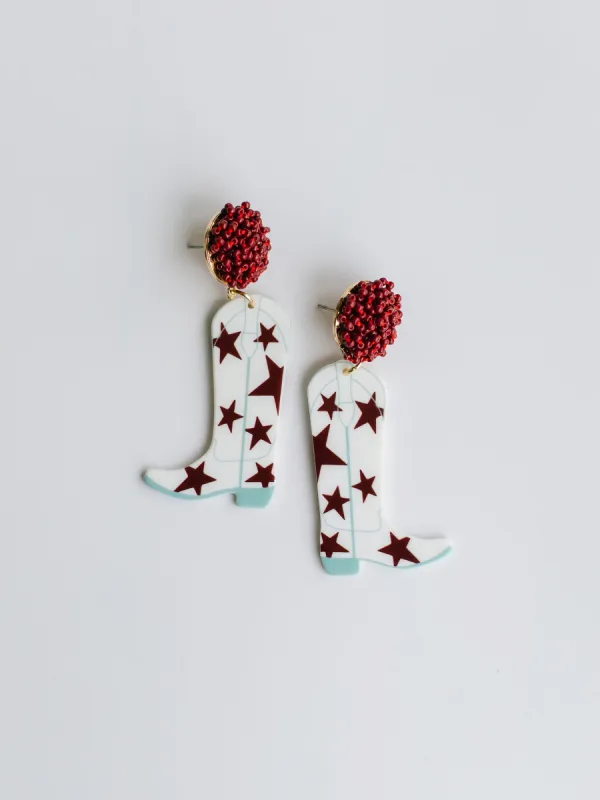 Gameday Cowgirl Earrings | Maroon + White sold by Michelle McDowell