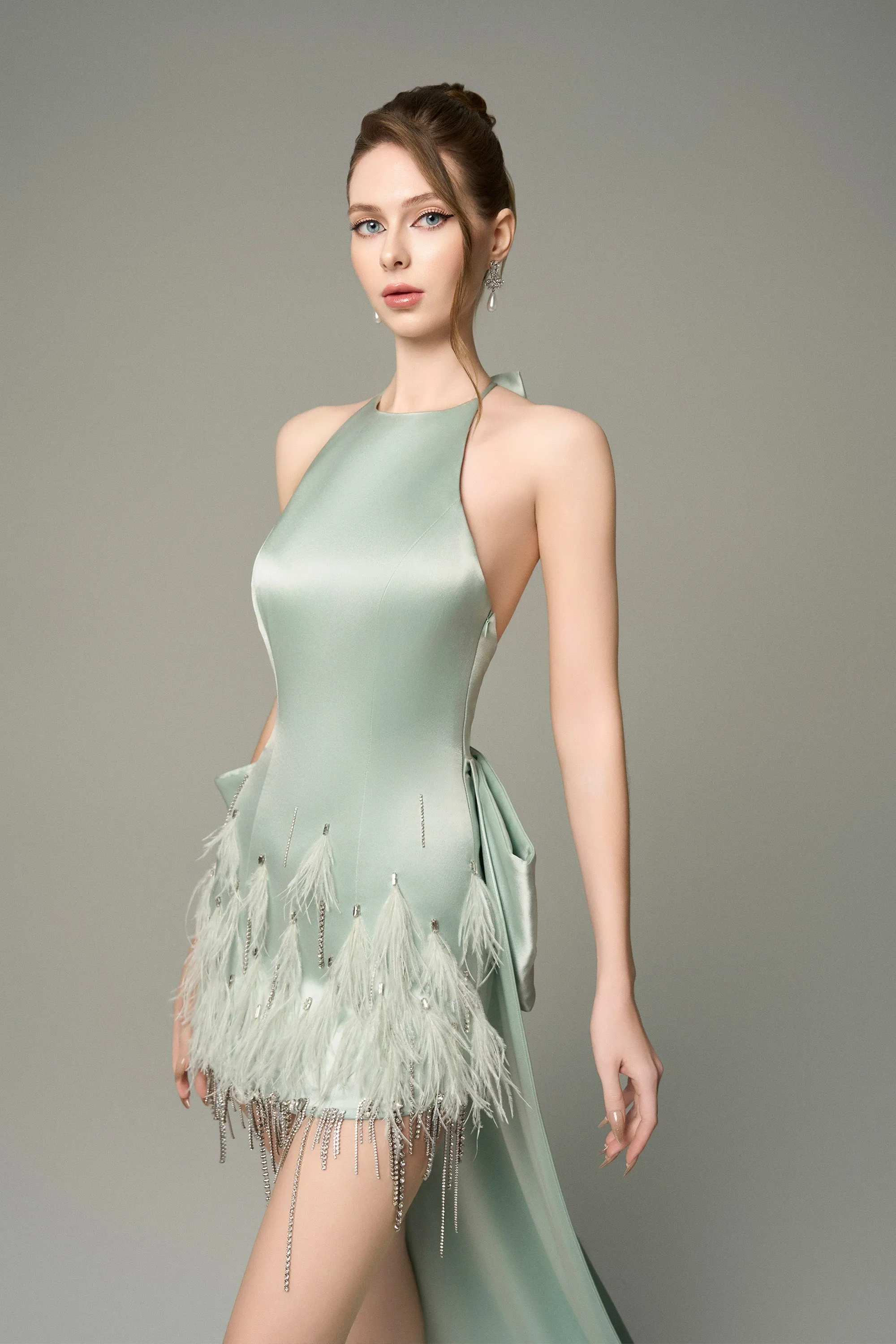 Effortless Halter Silk Crystal-Embellished Mini Dress With Oversized Bow Back sold by Kalisa product image thumbnail 4