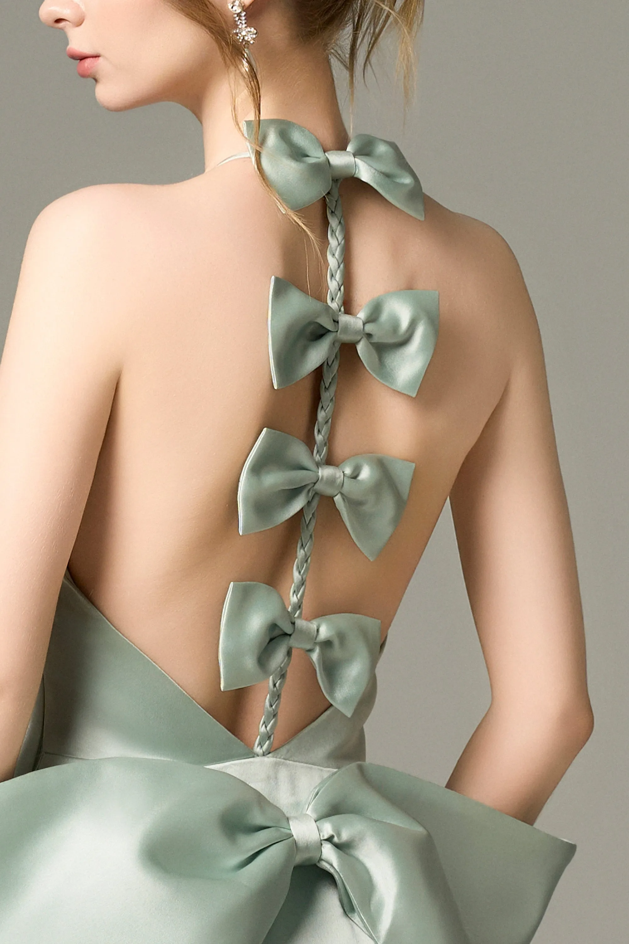 Effortless Halter Silk Crystal-Embellished Mini Dress With Oversized Bow Back sold by Kalisa product image thumbnail 2