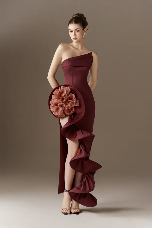Floriana Bandeau 3D Floral Maxi Dress With Cascading Ruffles sold by Kalisa