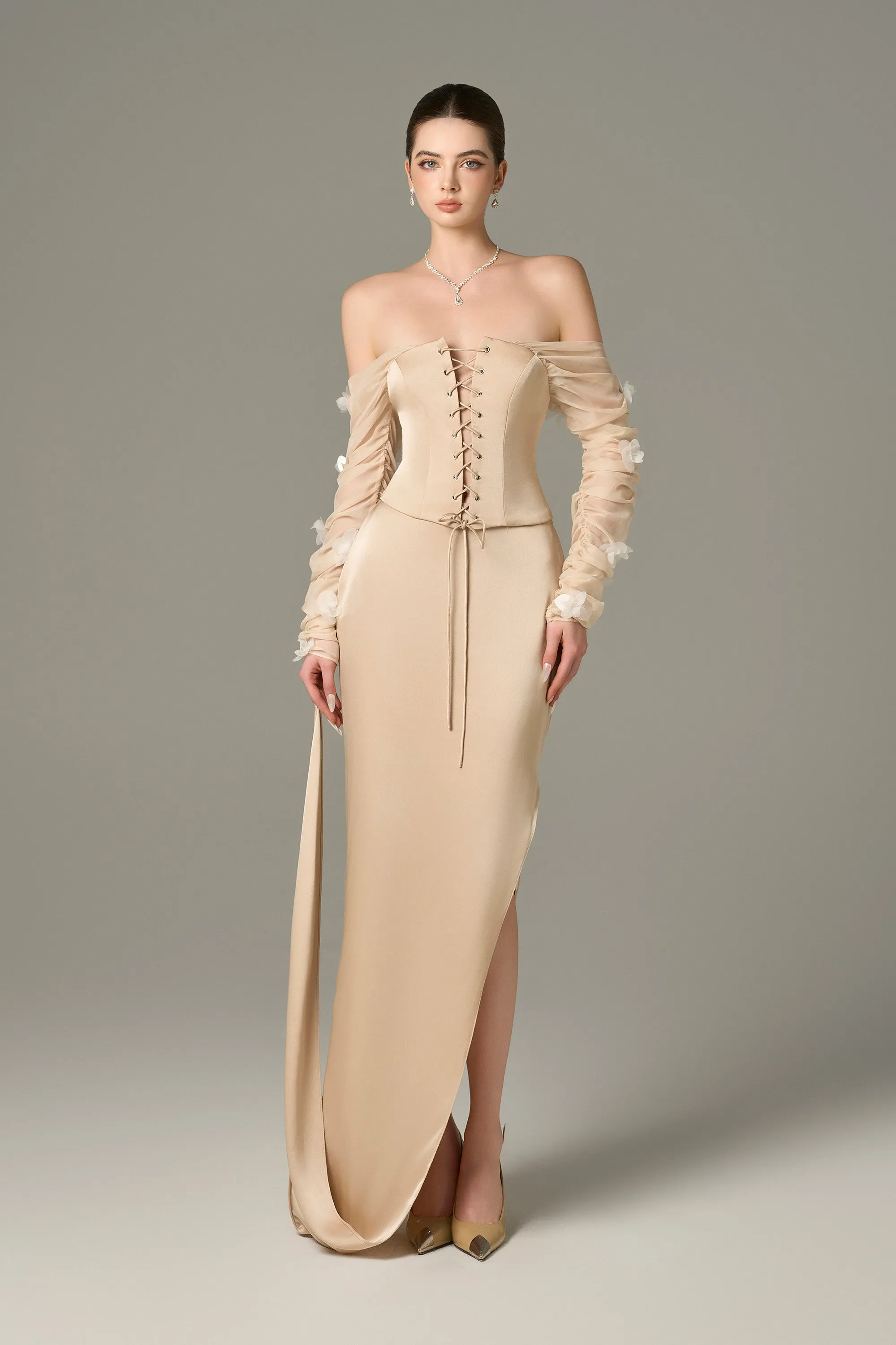 Alluring Silk Chiffon Corset Top & Maxi Set sold by Kalisa