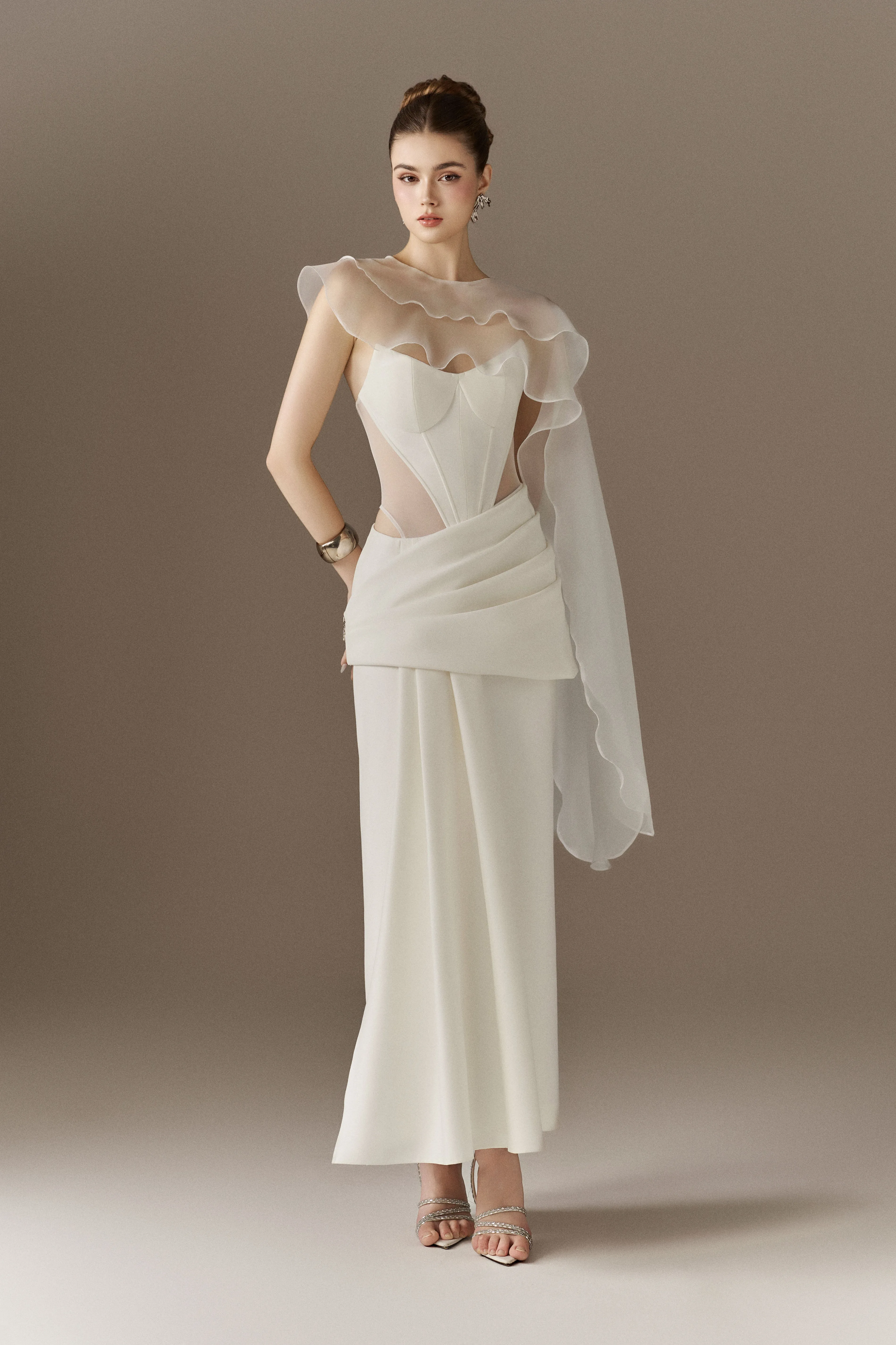 Venus Ivory Sculpted Bodice Corset Maxi Dress With Veil sold by Kalisa