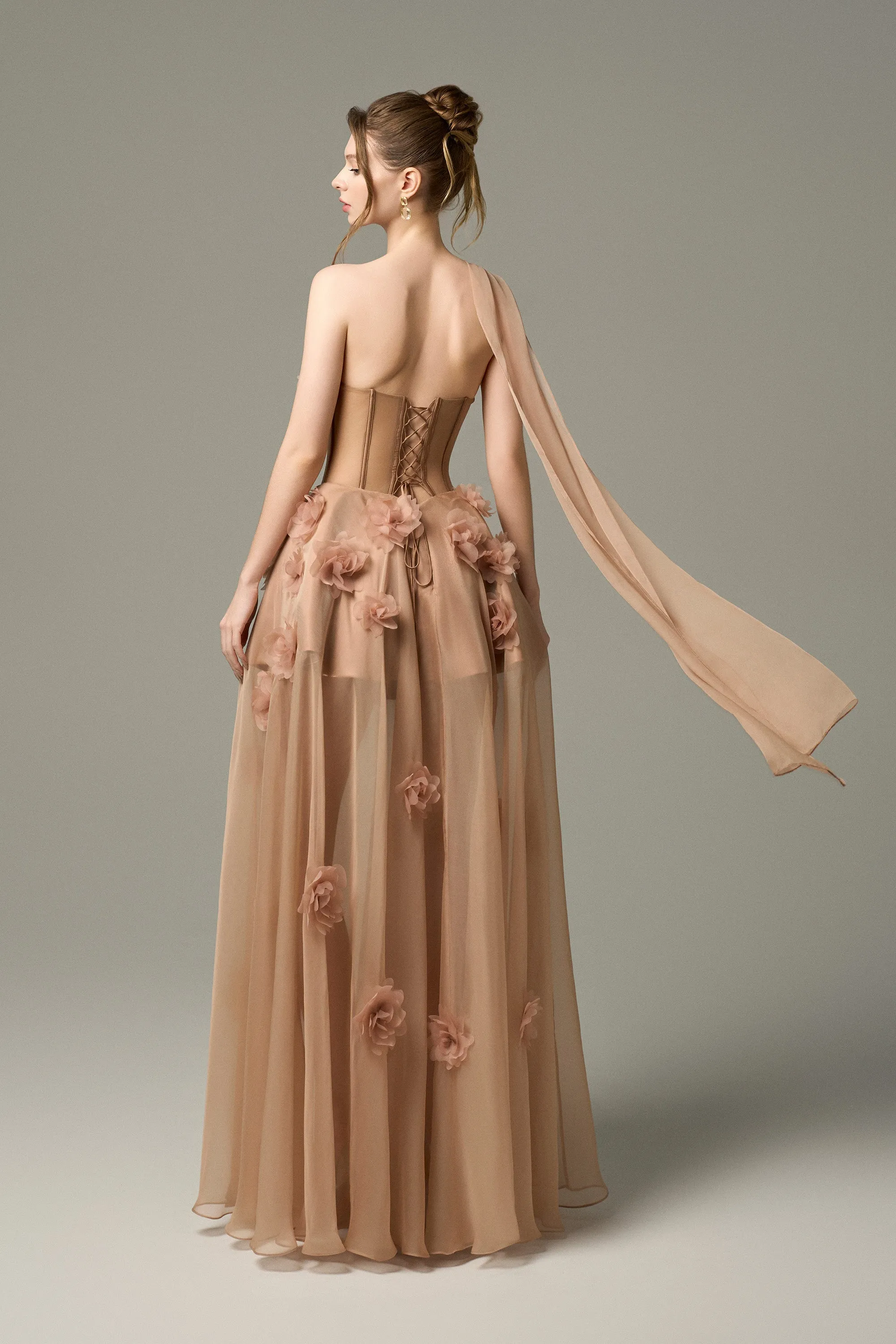 Elowen 3D Floral Embellished One Shoulder Cape Silk Gown sold by Kalisa product image thumbnail 2