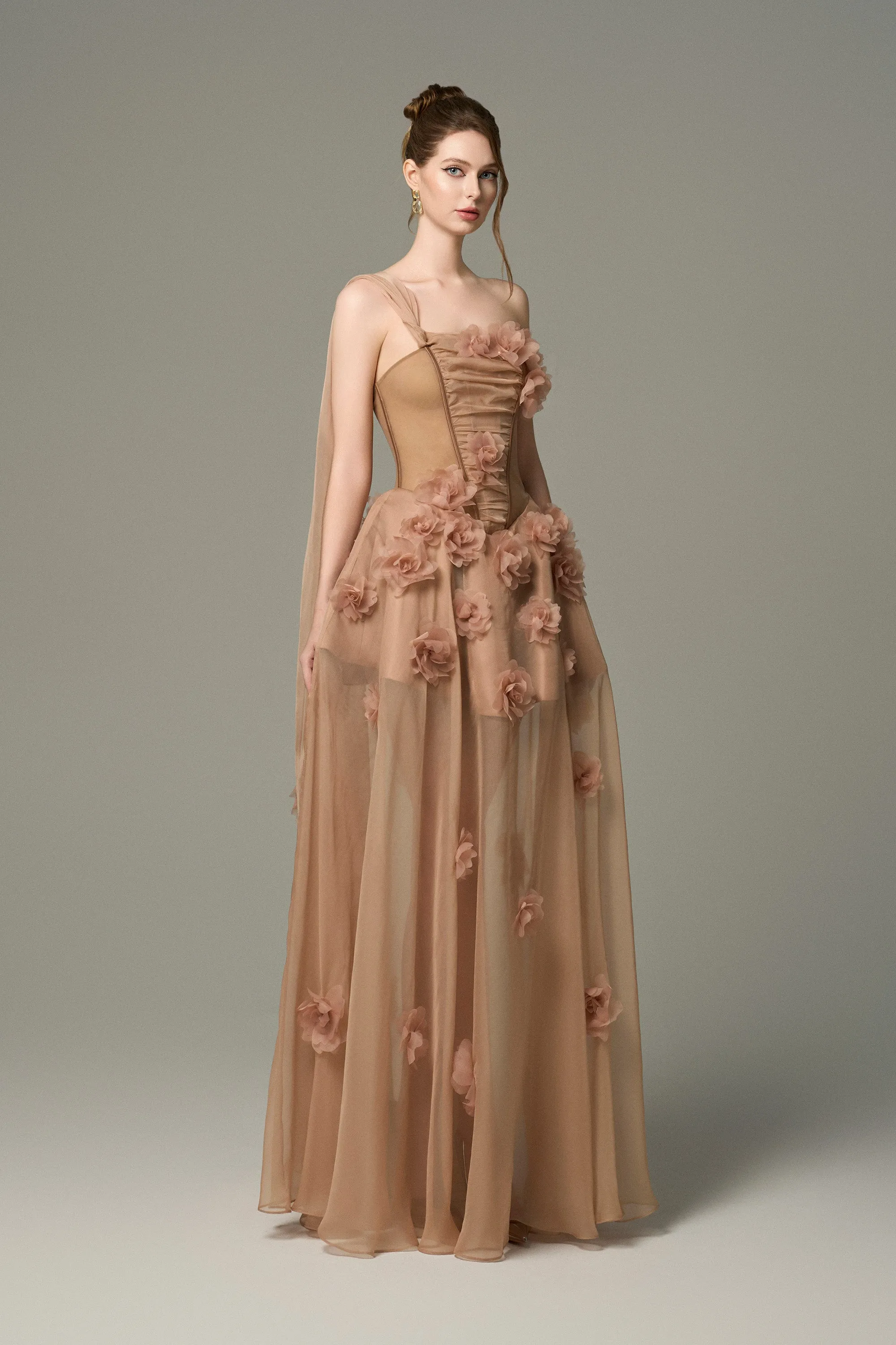Elowen 3D Floral Embellished One Shoulder Cape Silk Gown sold by Kalisa product image thumbnail 4