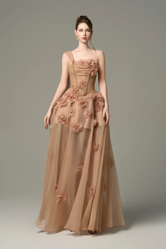 Elowen 3D Floral Embellished One Shoulder Cape Silk Gown sold by Kalisa
