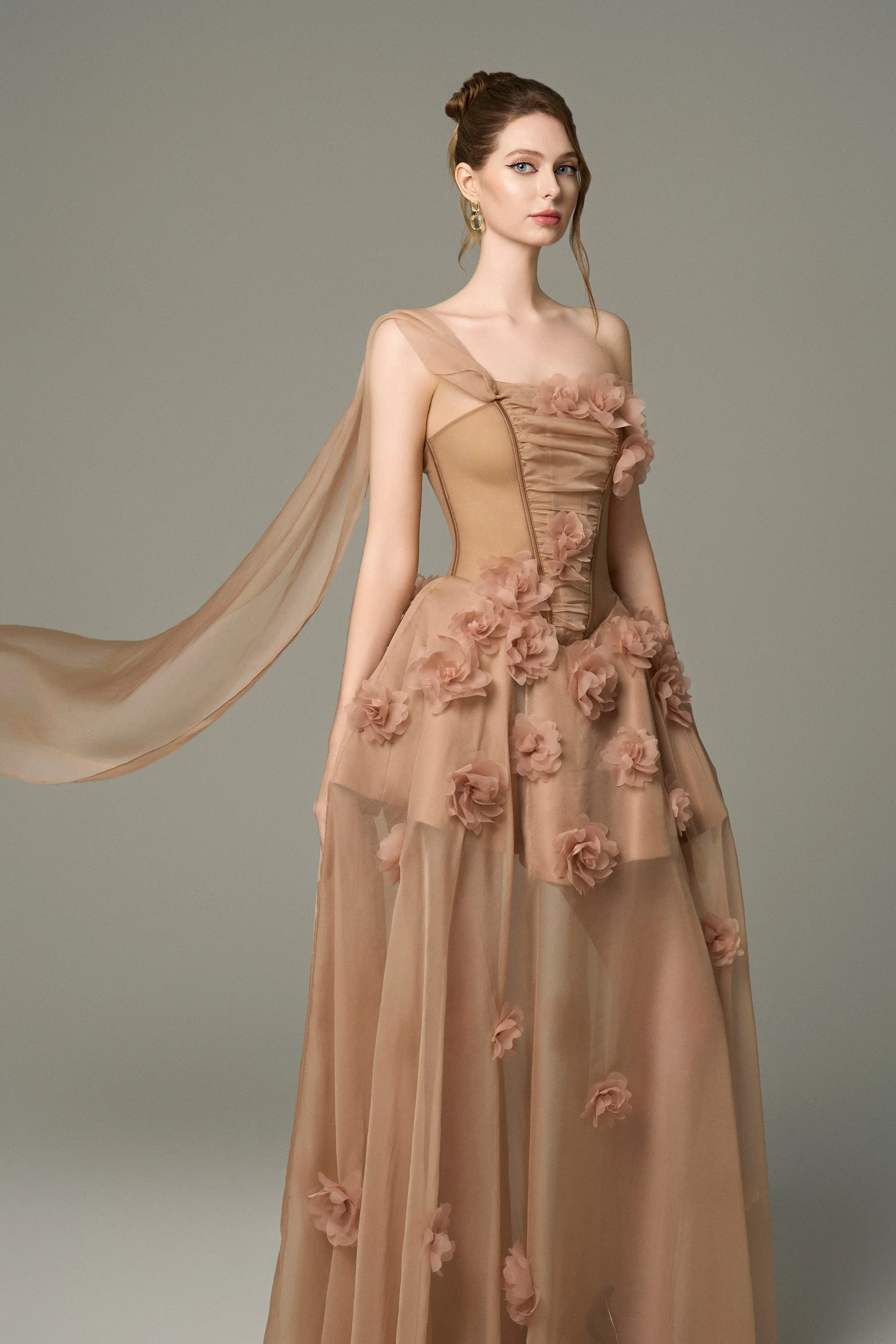 Elowen 3D Floral Embellished One Shoulder Cape Silk Gown sold by Kalisa product image thumbnail 5