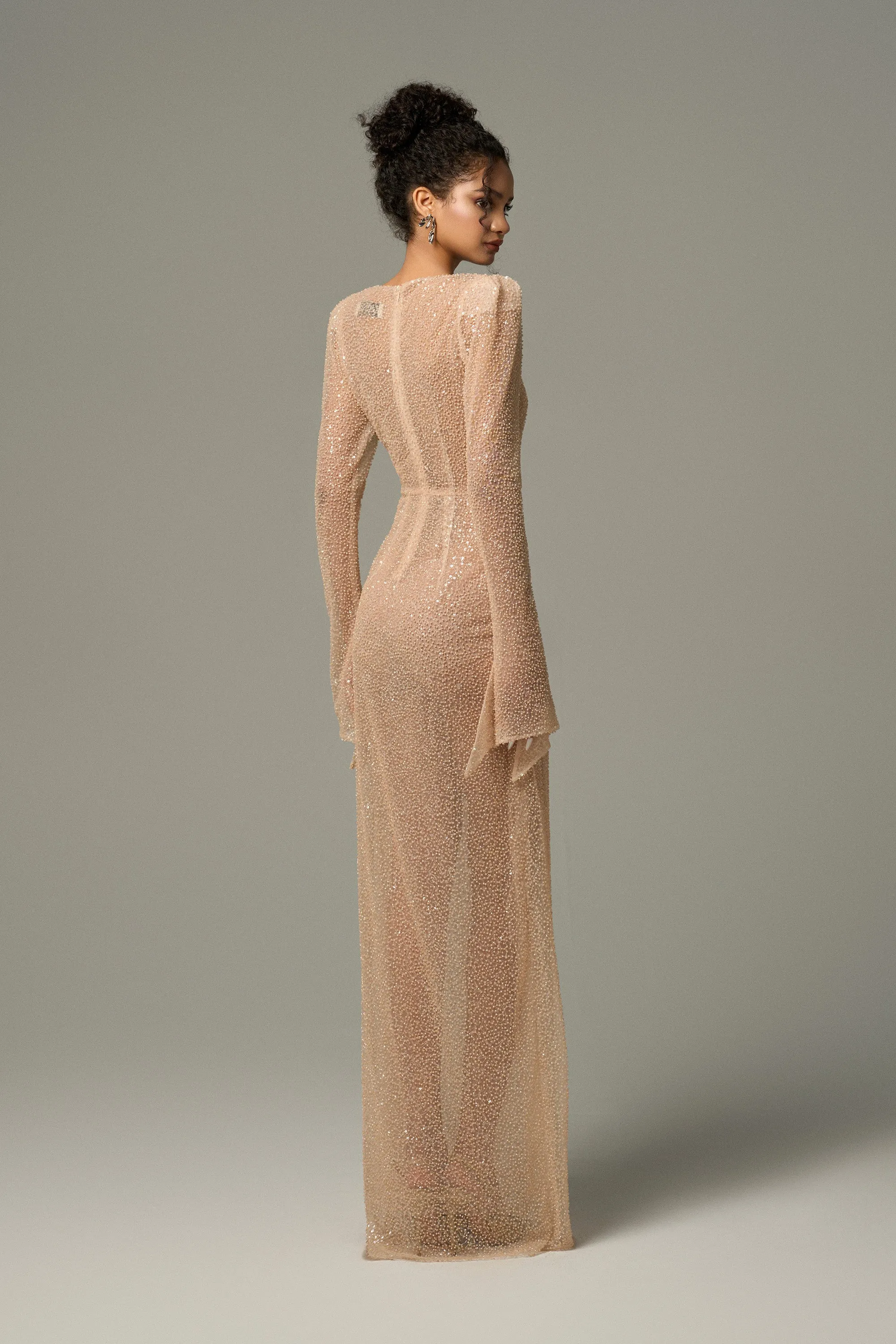 Opalina Beaded Mesh Body Hugging Maxi Dress With Slit Sleeves sold by Kalisa product image thumbnail 2