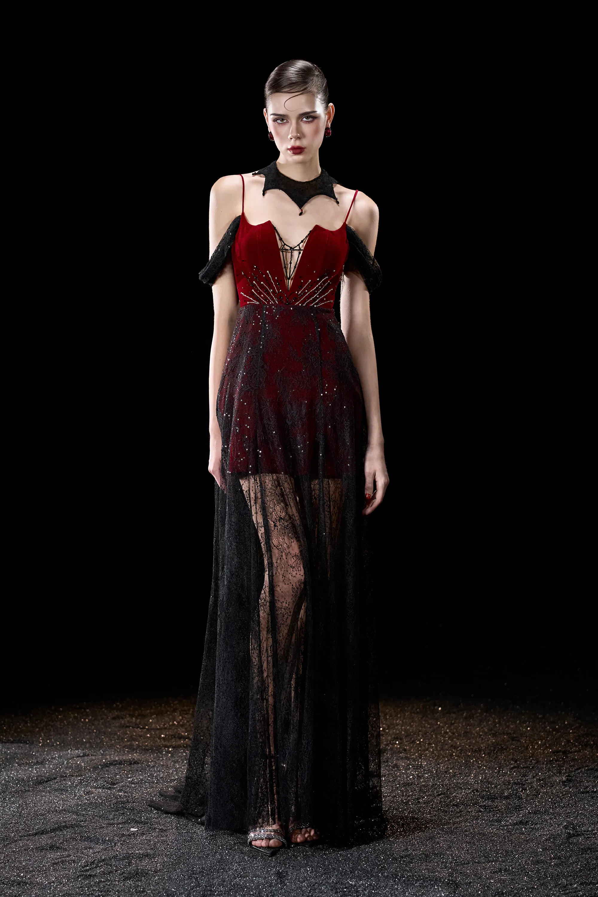 Whisper Gothic Romance Velvet Cold-shoulder Lace Overlay Maxi Dress sold by Kalisa product image thumbnail 3