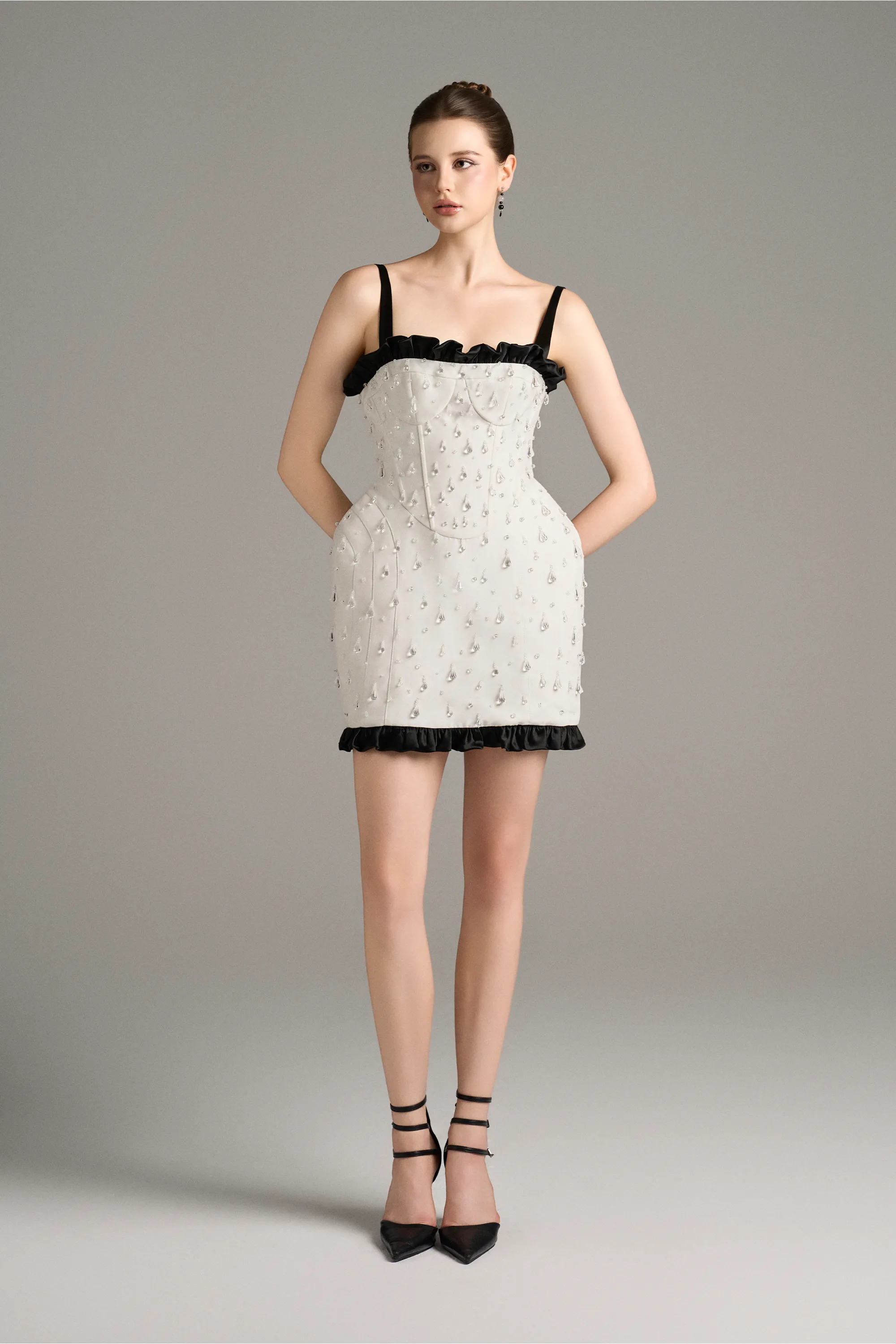 Atelier Crystal Cascade Mini Dress With Black Ruffle Trim sold by Kalisa