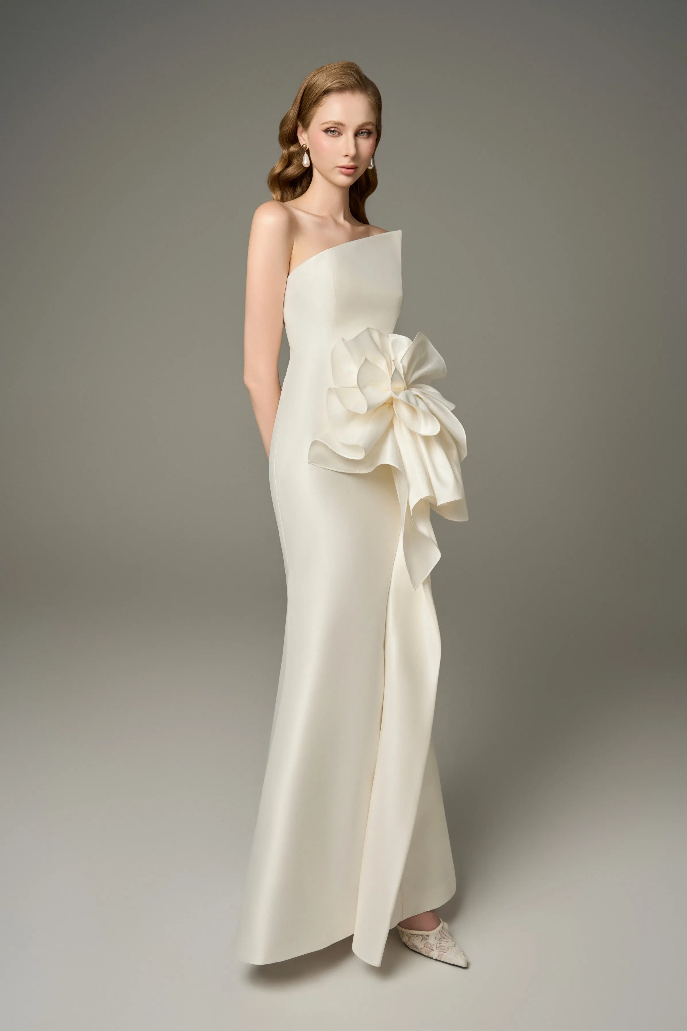Devotion Acetate Asymmetric Neckline Gown With 3D Oversized Flower sold by Kalisa product image thumbnail 4