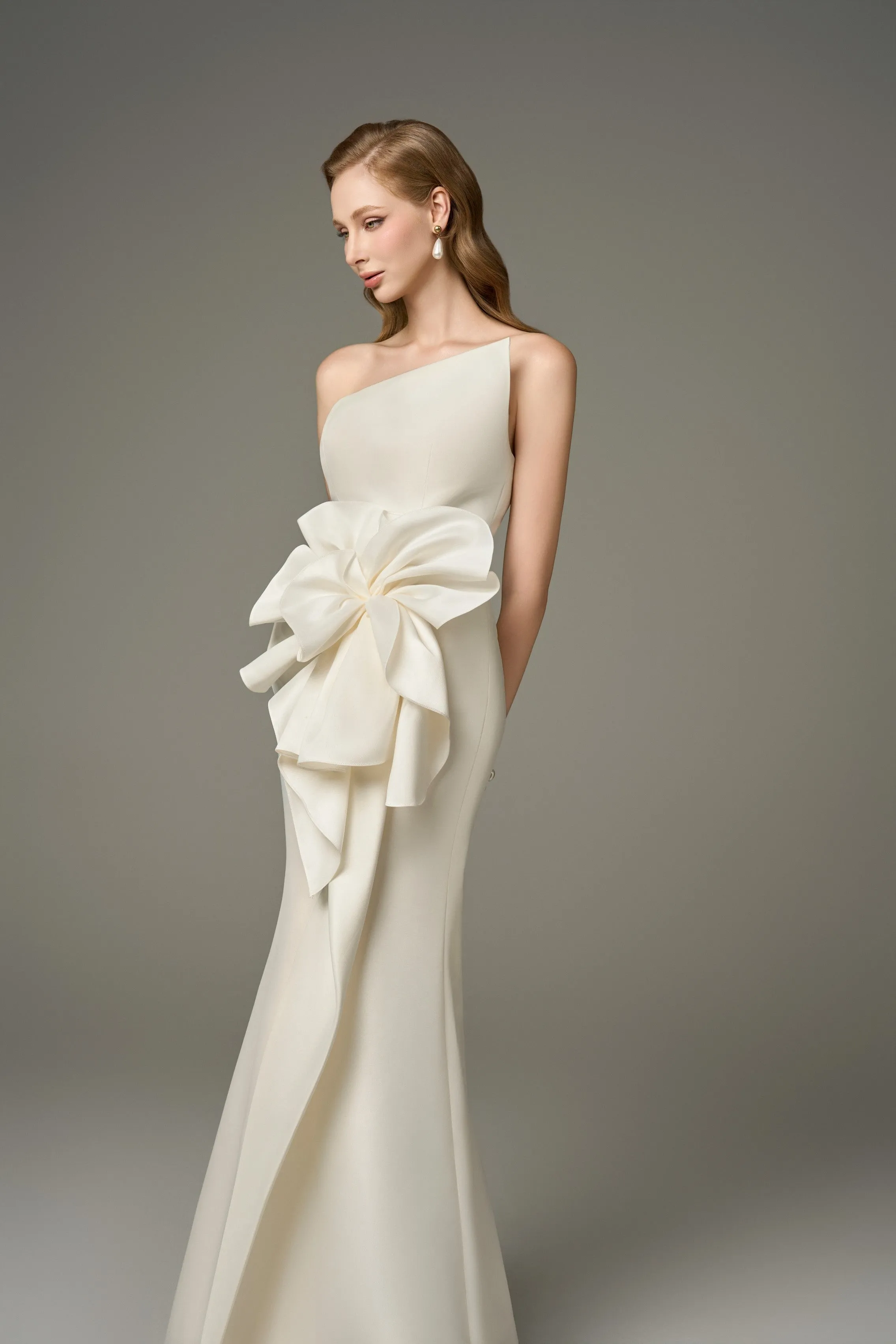 Devotion Acetate Asymmetric Neckline Gown With 3D Oversized Flower sold by Kalisa product image thumbnail 3