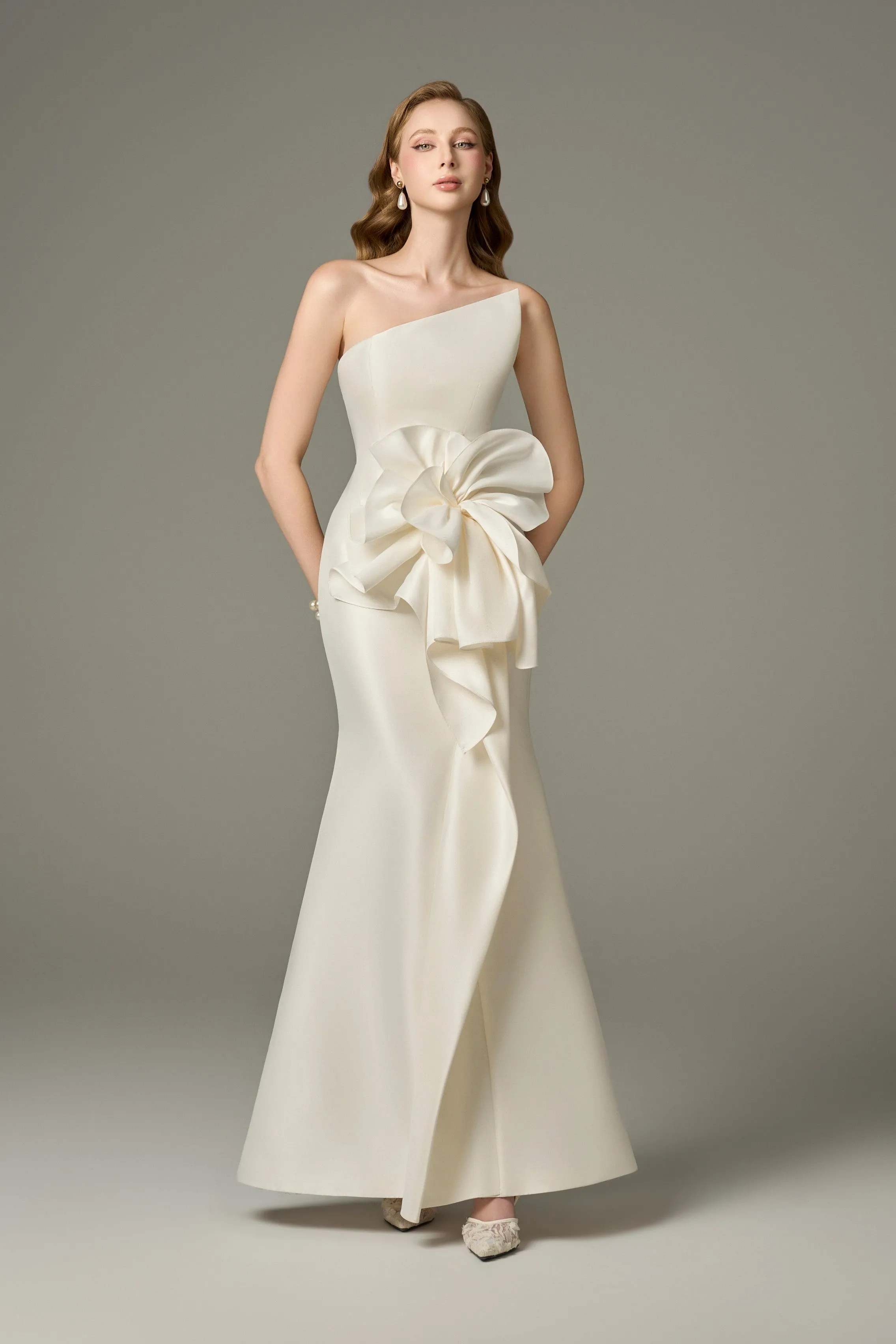 Devotion Acetate Asymmetric Neckline Gown With 3D Oversized Flower sold by Kalisa