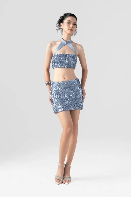 Sapphire Sequin Cheongsam Neckline Mini Dress sold by Kalisa