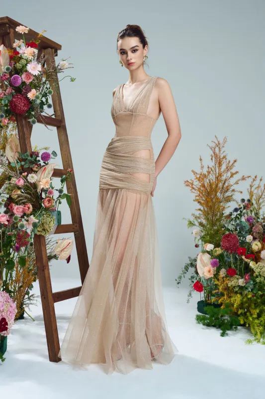 Élégant Glitter Mesh Cut-Out Silk Evening Gown sold by Kalisa