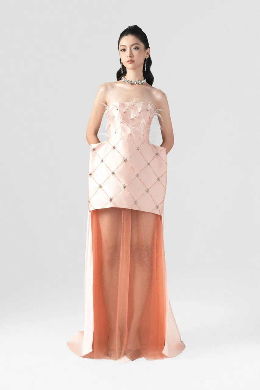 Victorian Strapless Feather & Stone Embellished Boxy Gown sold by Kalisa