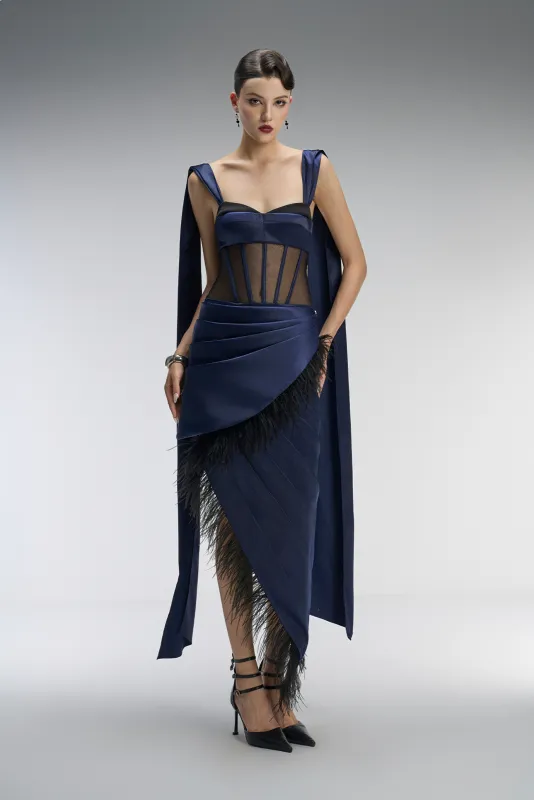 Caspian Couture Corset Feather-trimmed Maxi Dress sold by Kalisa