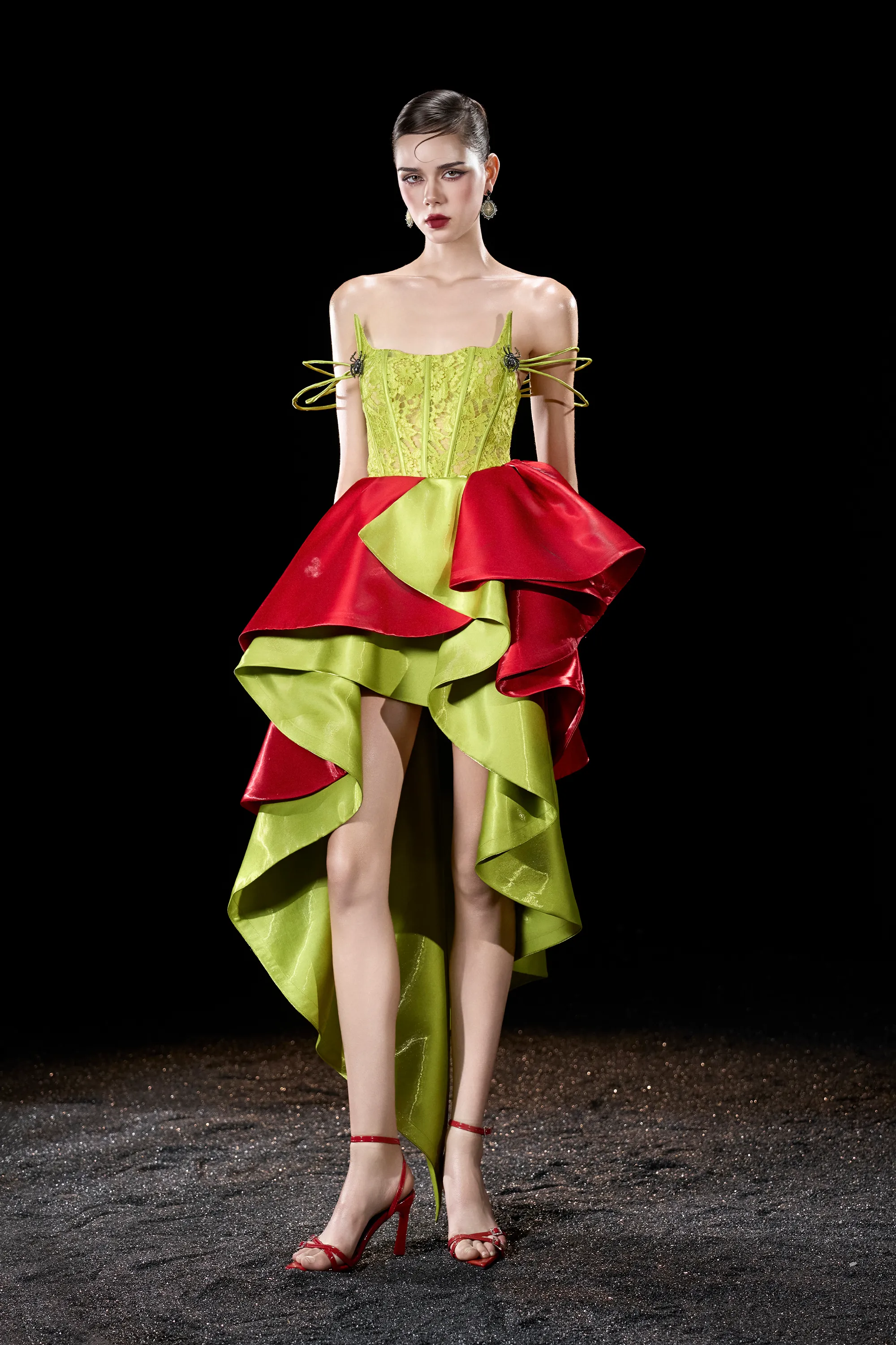 Pixie Candy Silk Mixed Green & Red High-Low Ruffled Cocktail Dress sold by Kalisa product image thumbnail 3
