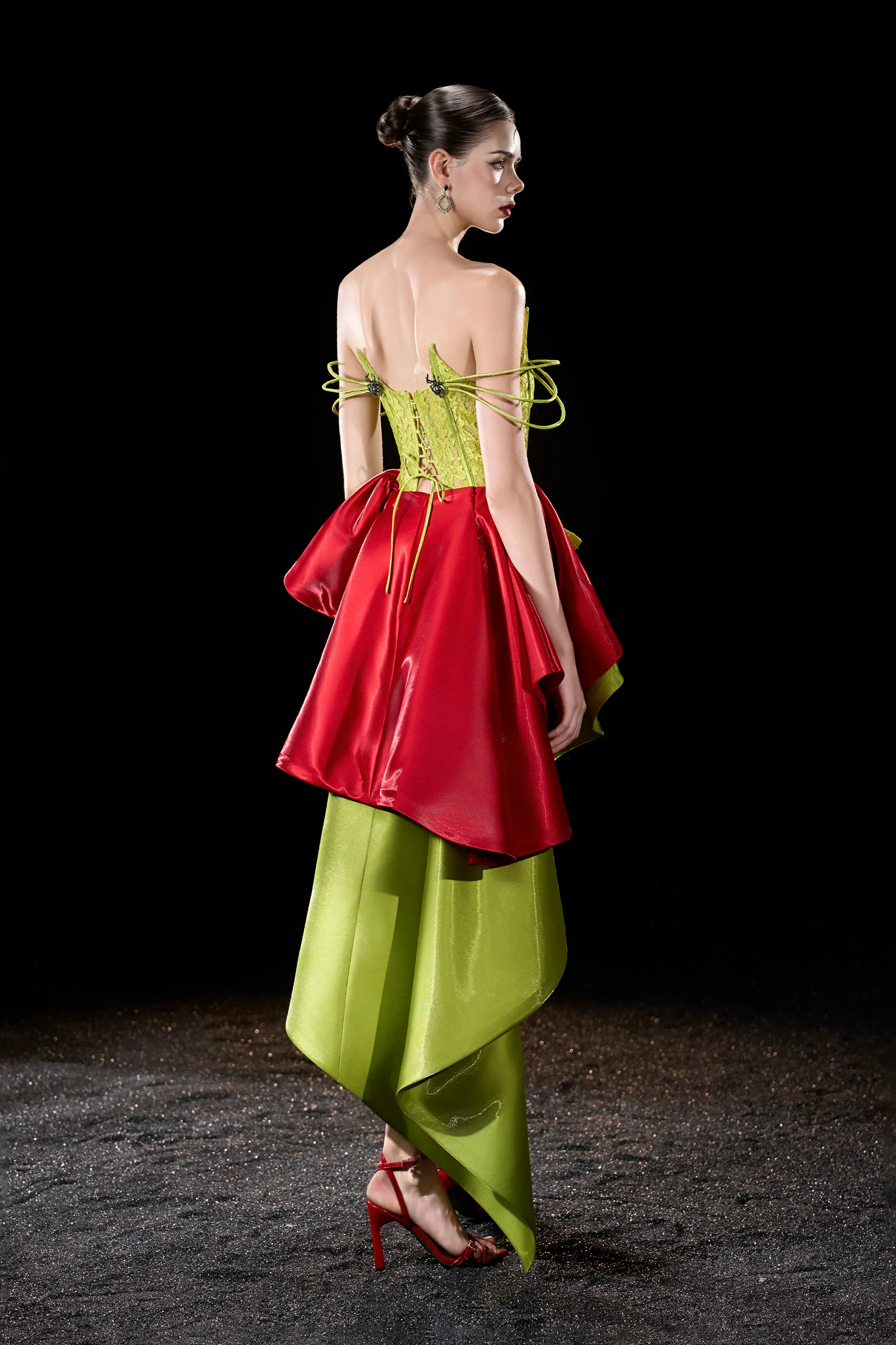 Pixie Candy Silk Mixed Green & Red High-Low Ruffled Cocktail Dress sold by Kalisa product image thumbnail 2