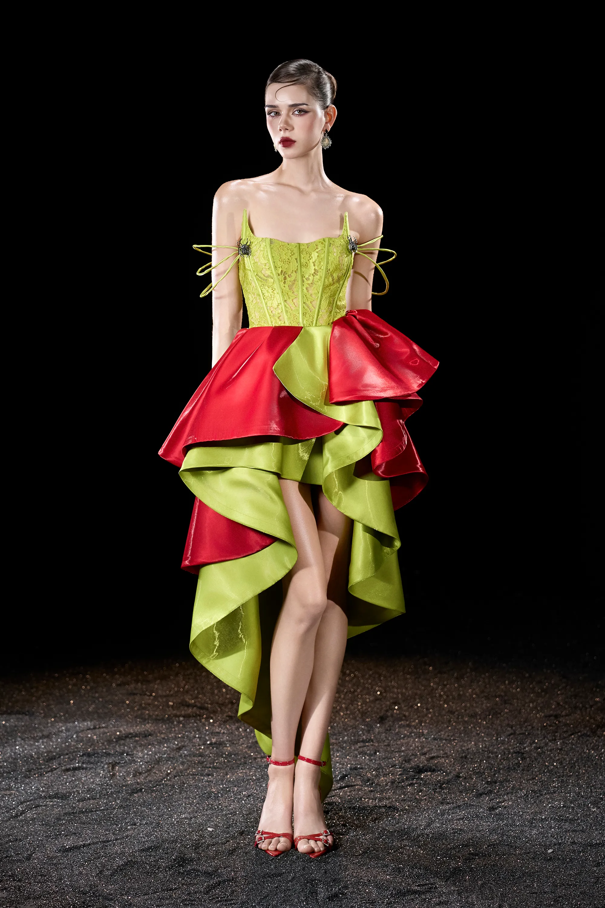 Pixie Candy Silk Mixed Green & Red High-Low Ruffled Cocktail Dress sold by Kalisa