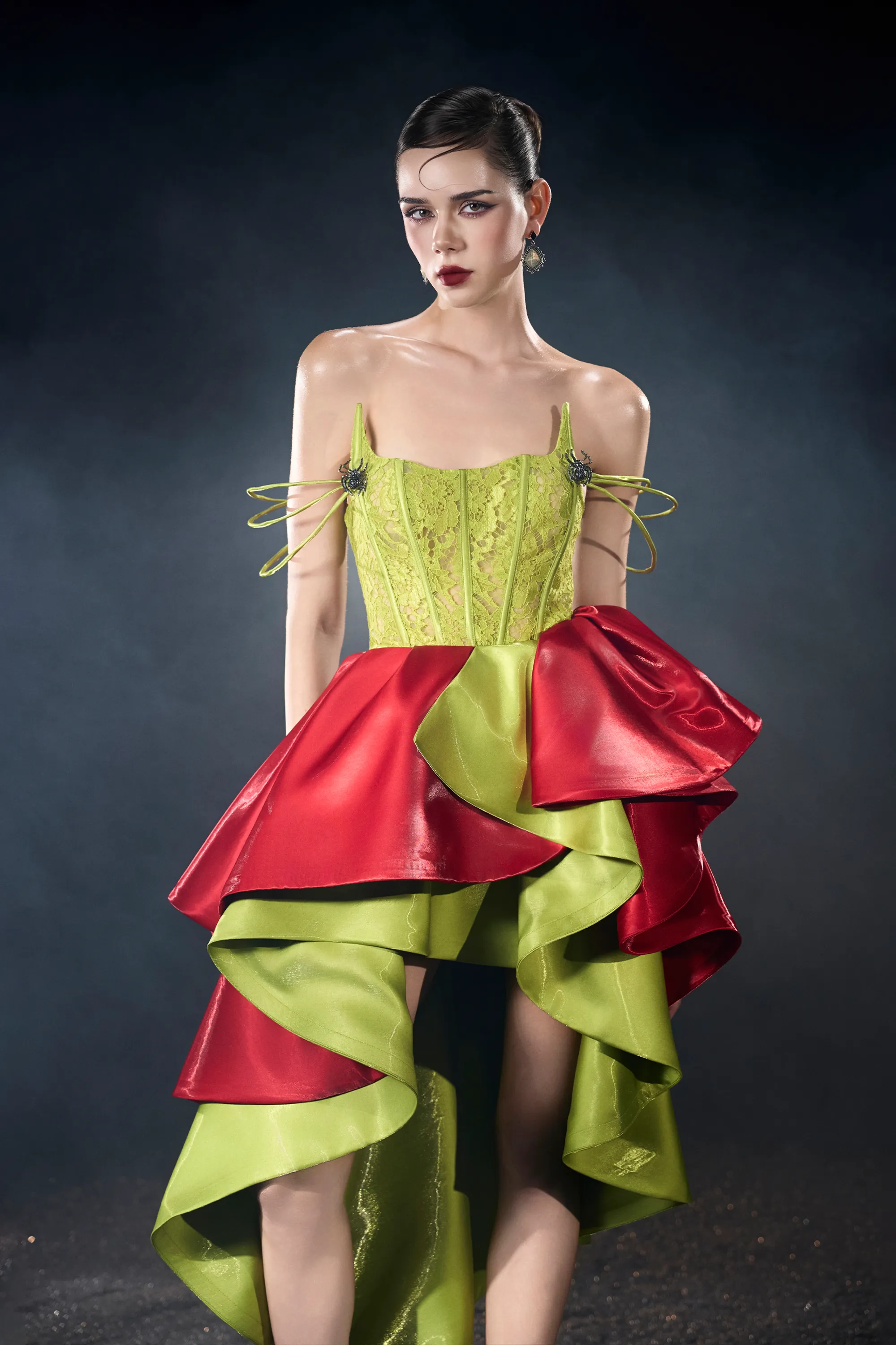 Pixie Candy Silk Mixed Green & Red High-Low Ruffled Cocktail Dress sold by Kalisa product image thumbnail 4