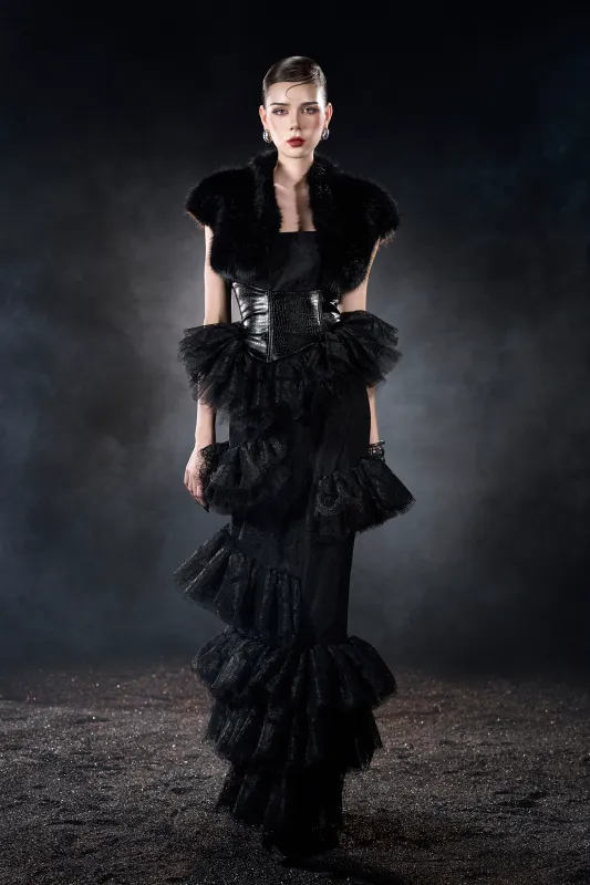 Ravenna Gothic Warrior Ruffled Sleeveless Maxi Dress With Mini Fur Cape sold by Kalisa