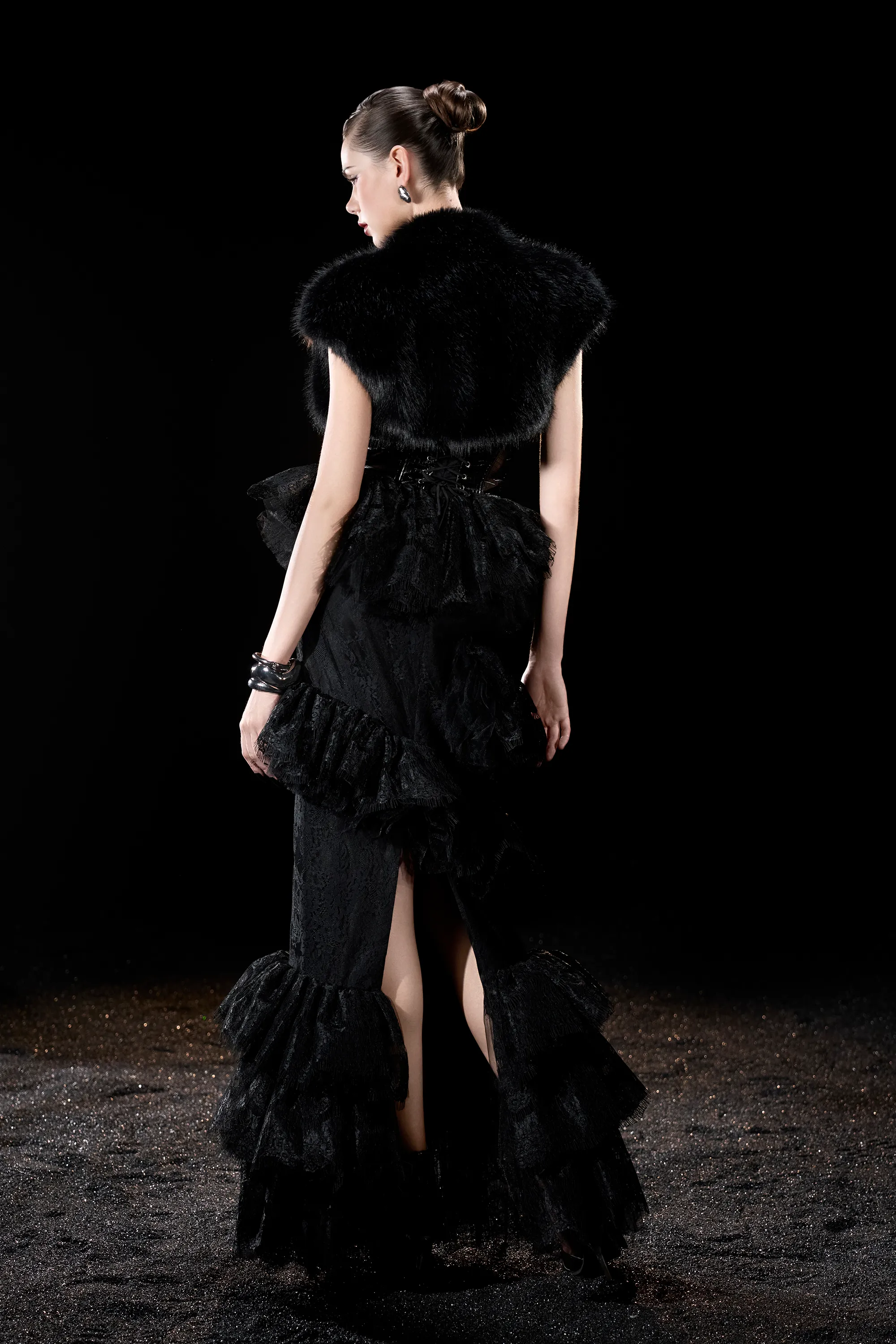 Ravenna Gothic Warrior Ruffled Sleeveless Maxi Dress With Mini Fur Cape sold by Kalisa product image thumbnail 3