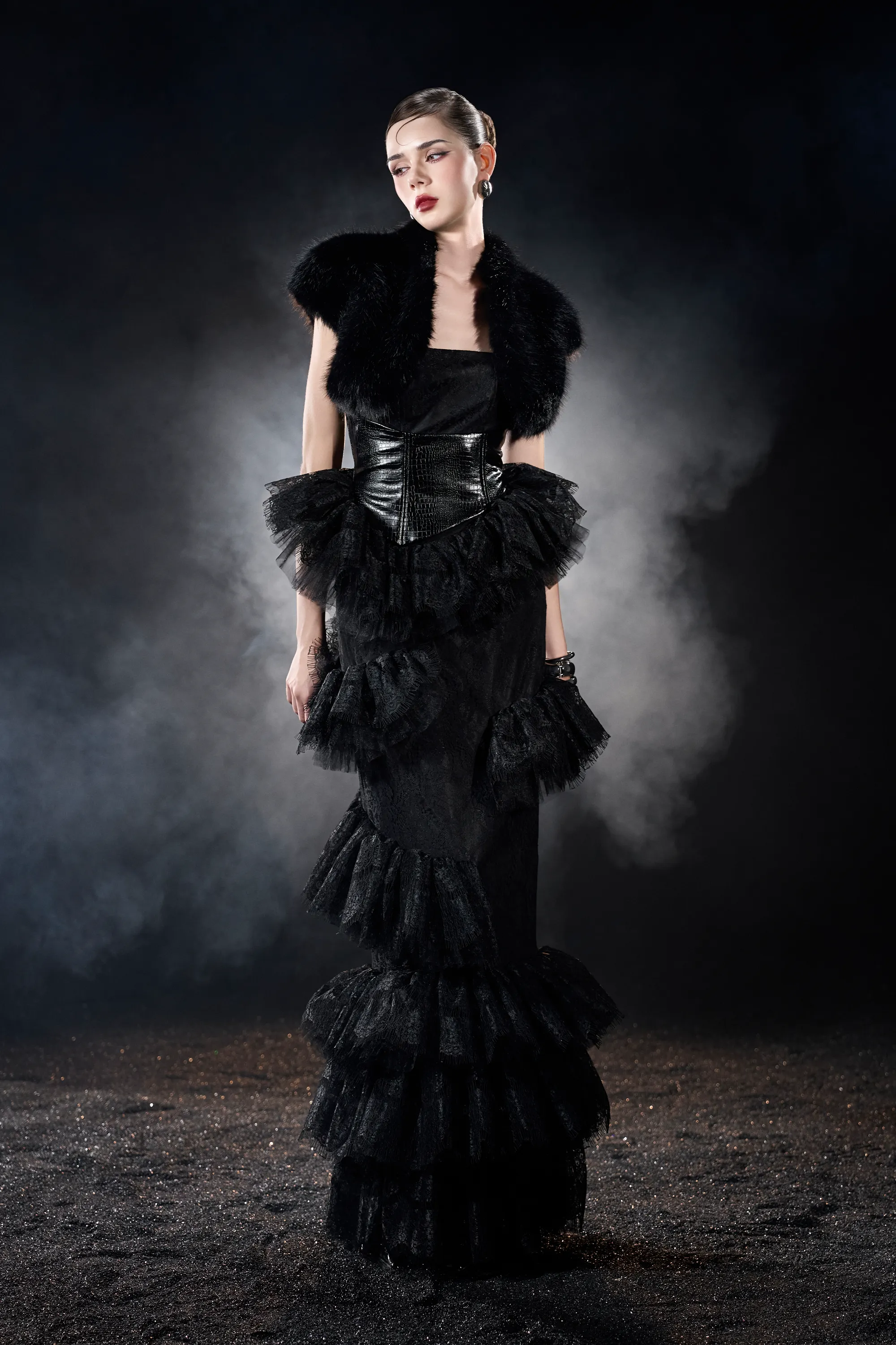 Ravenna Gothic Warrior Ruffled Sleeveless Maxi Dress With Mini Fur Cape sold by Kalisa product image thumbnail 4
