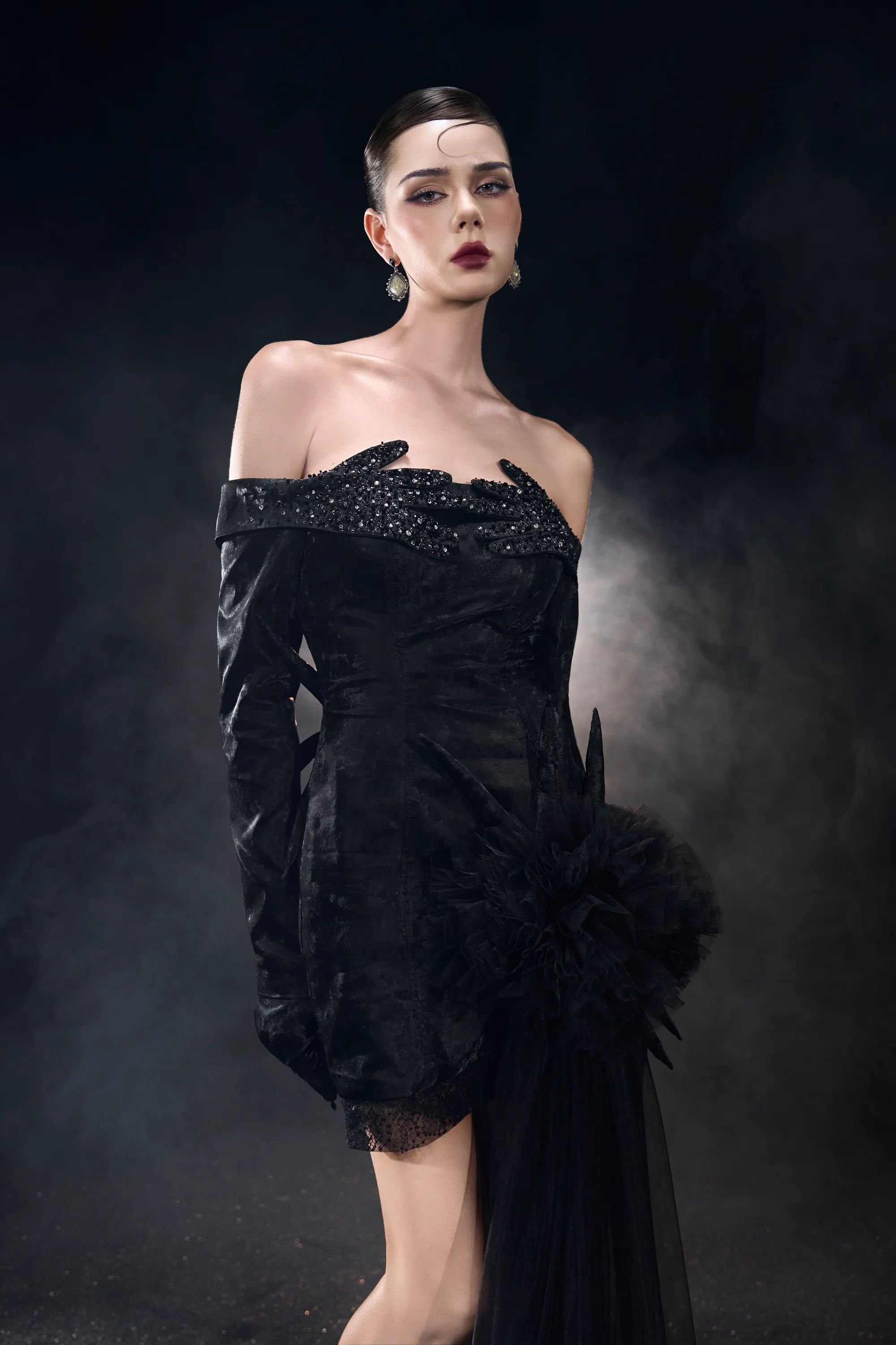 Dagger Mystery Off-shoulder Long Sleeve Velvet Mini Dress sold by Kalisa product image thumbnail 4