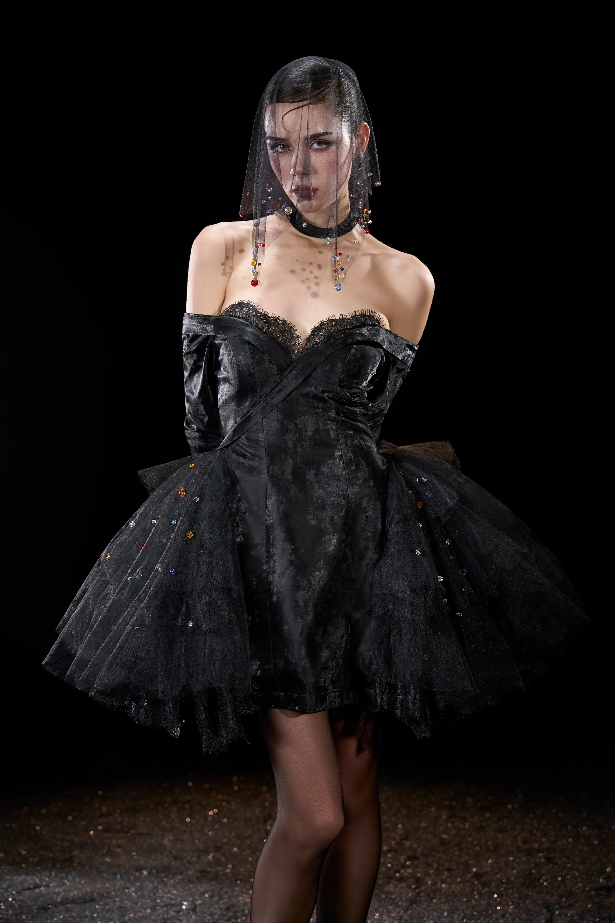 Nexus Gothic Off Shoulder Lace Trim Sweetheart Velvet Mini Dress sold by Kalisa product image thumbnail 5