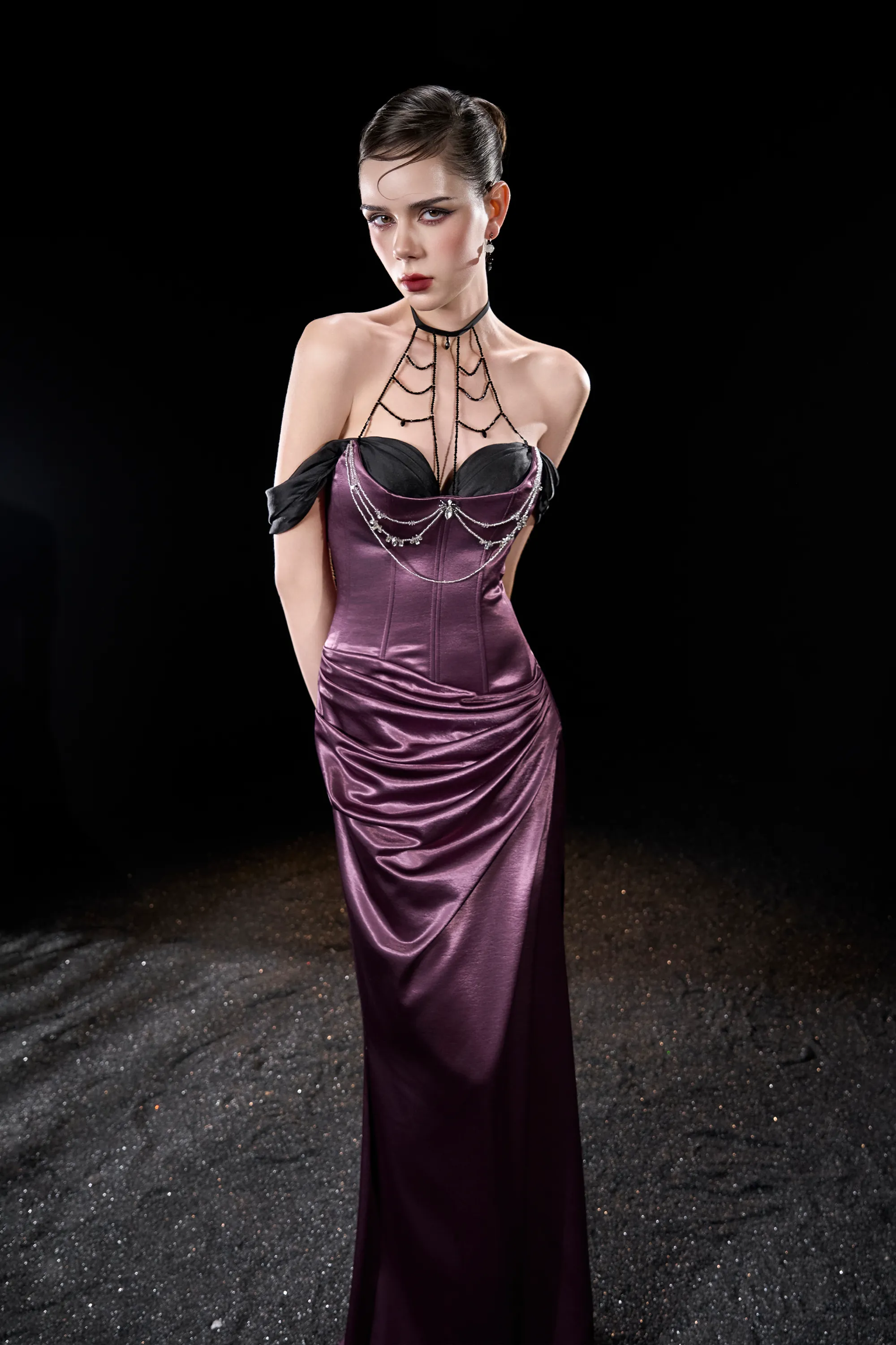 Onyx Silk Corset Maxi Dress With Beaded Spiderweb Strap Neckline sold by Kalisa product image thumbnail 3