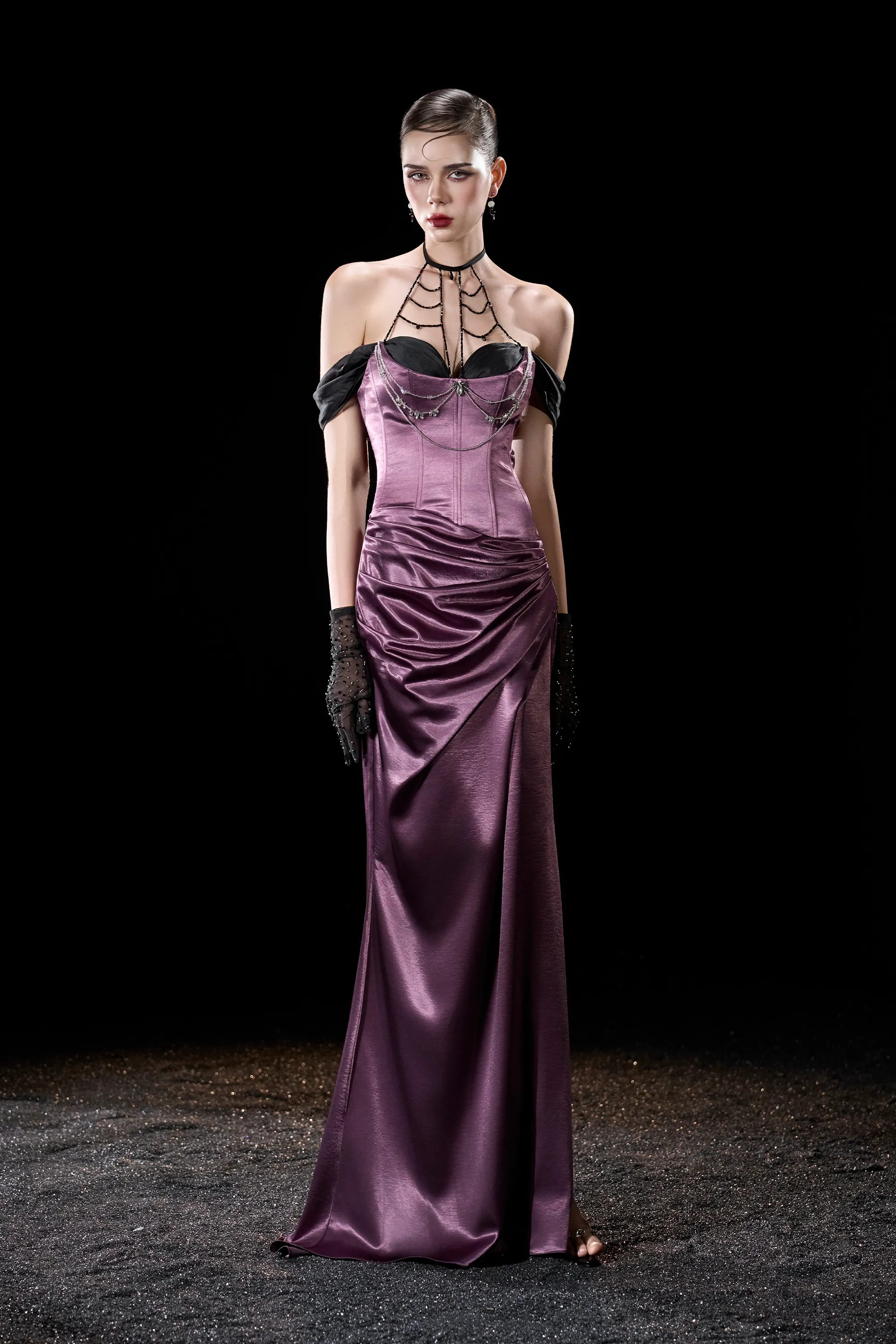 Onyx Silk Corset Maxi Dress With Beaded Spiderweb Strap Neckline sold by Kalisa